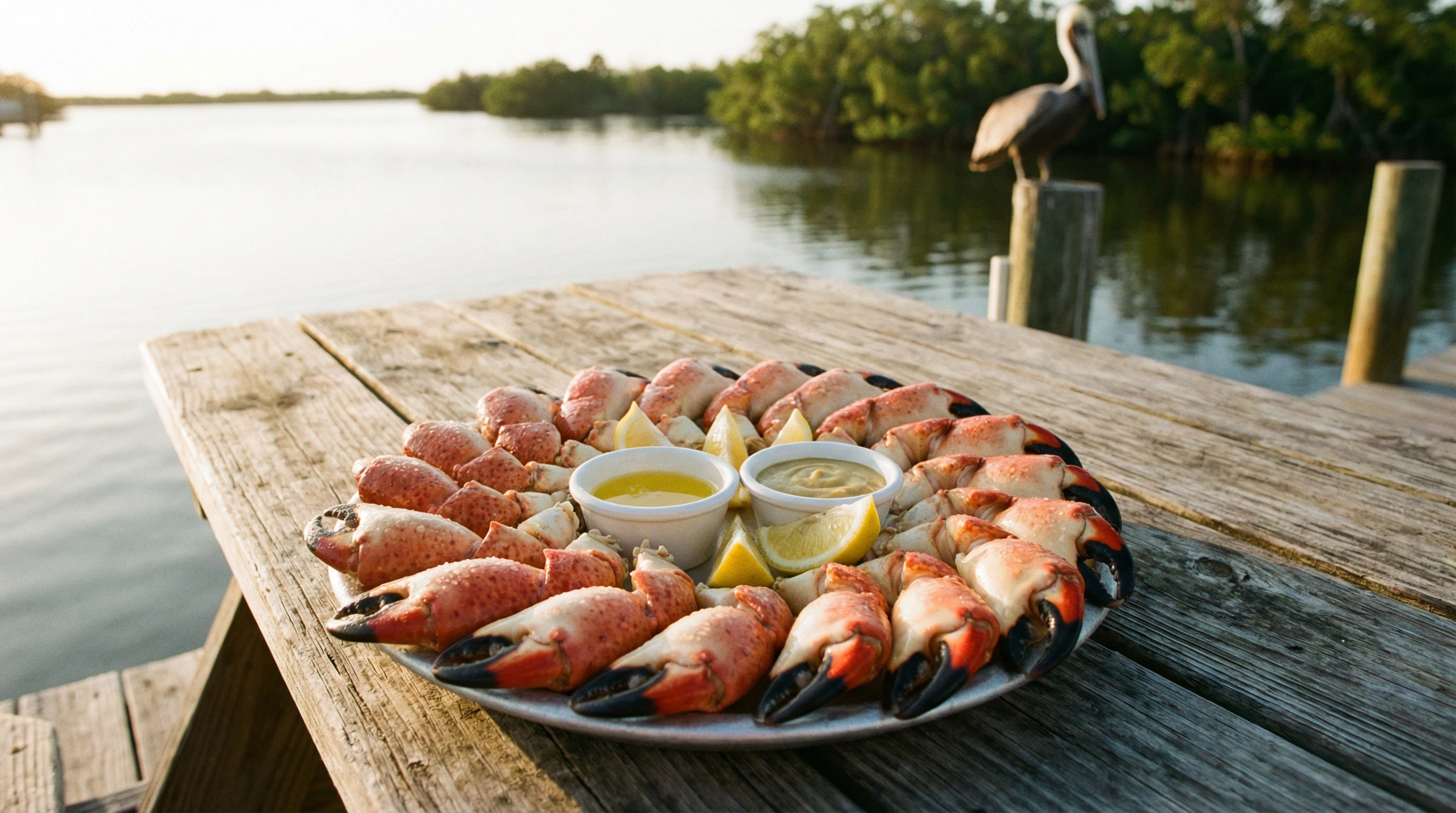 Platter of fresh Florida stone crab claws with butter and mustard sauce