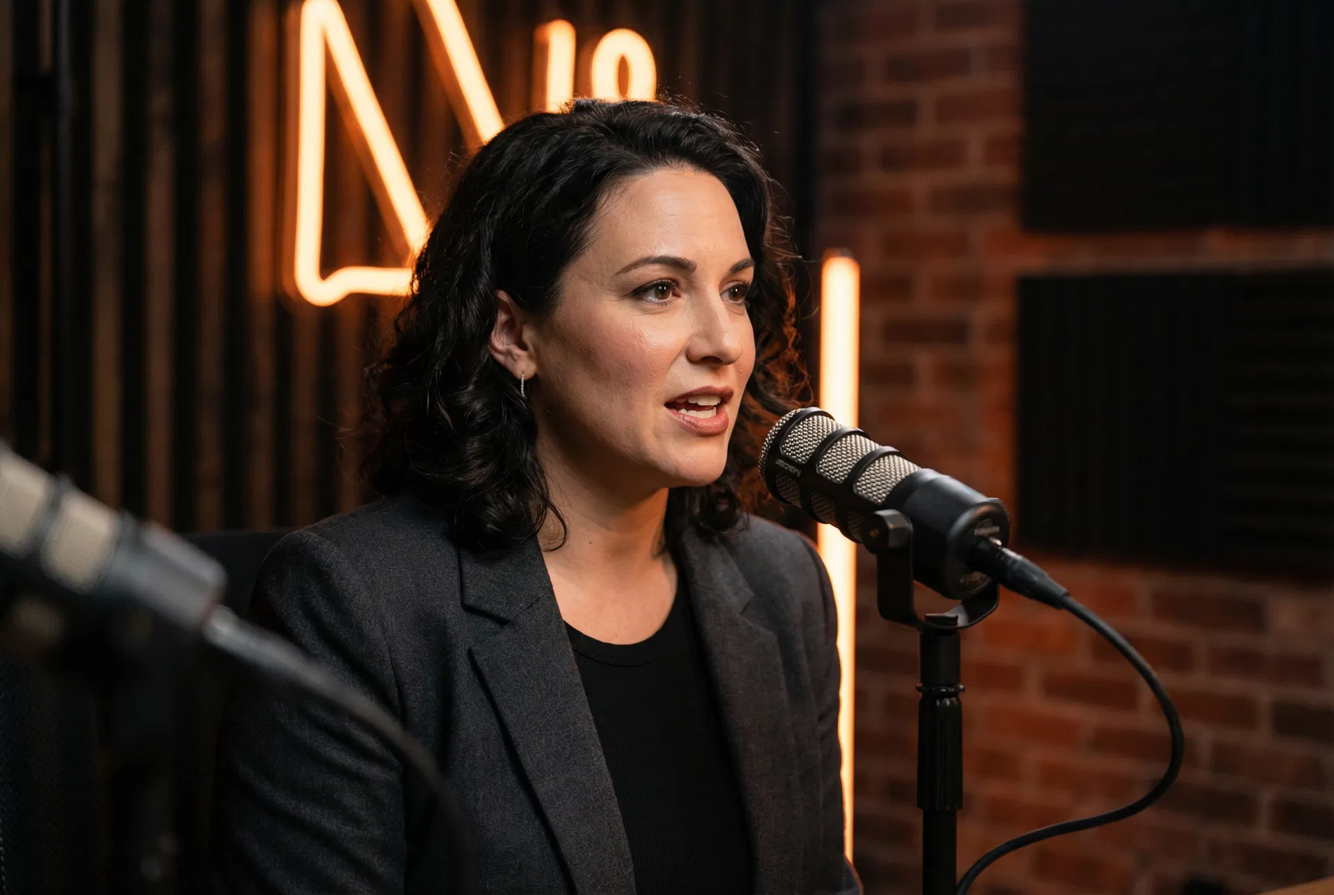 Founder speaking into podcast microphone