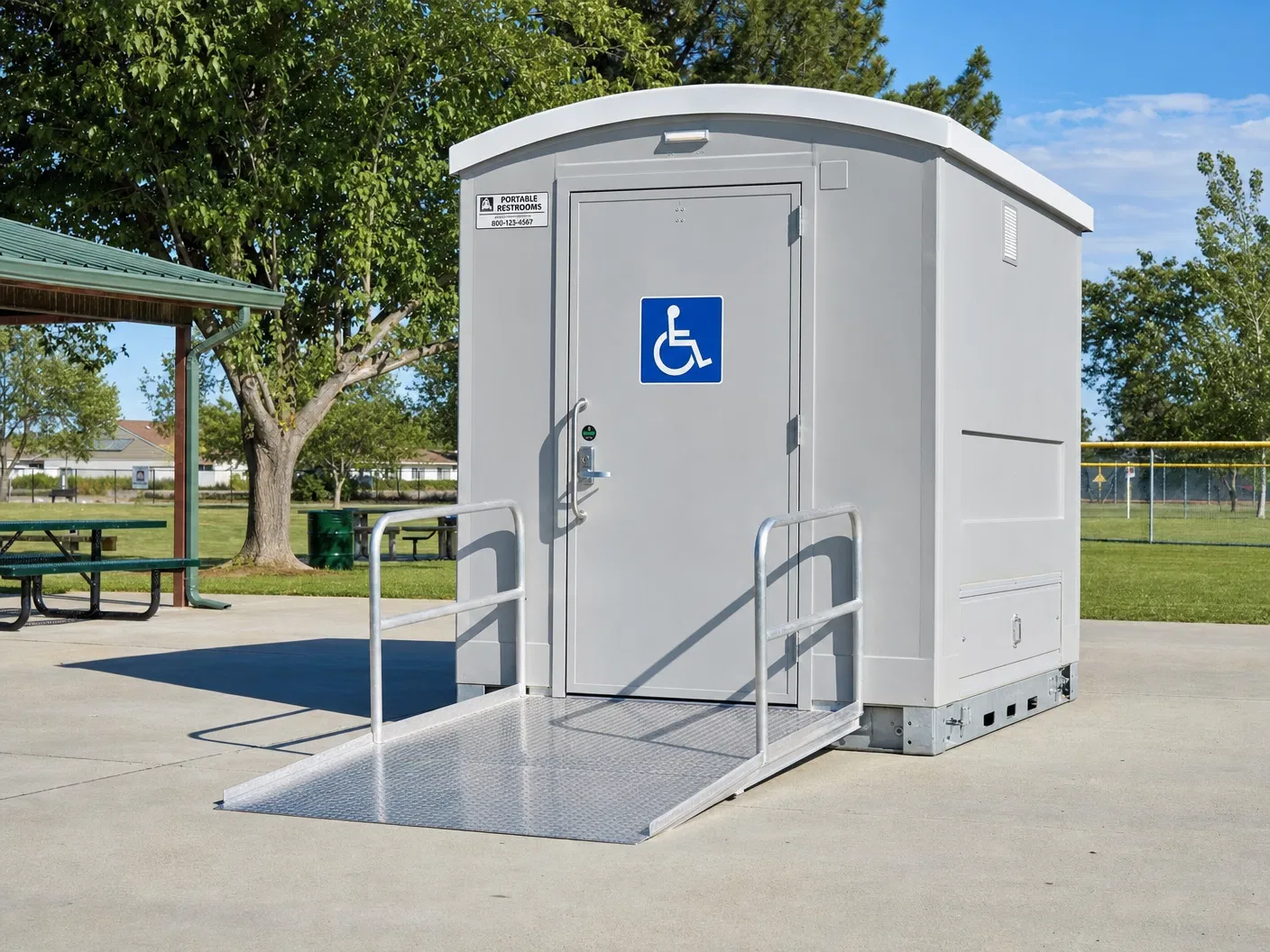 ADA compliant wheelchair accessible portable restroom with ramp