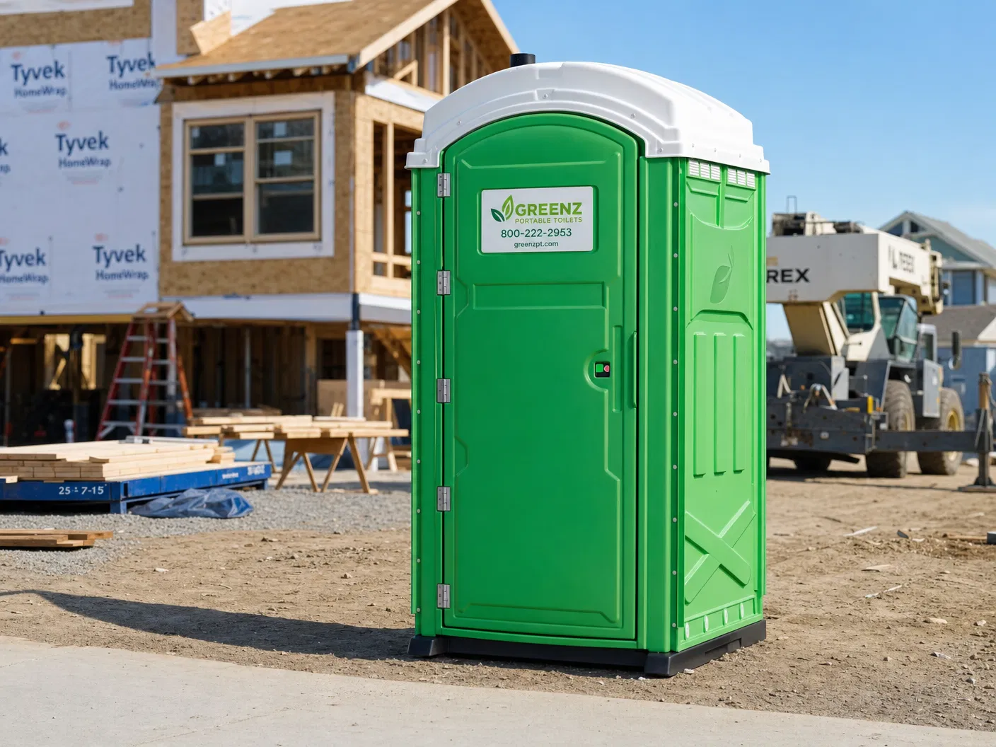 Pristine green construction portable restroom on site