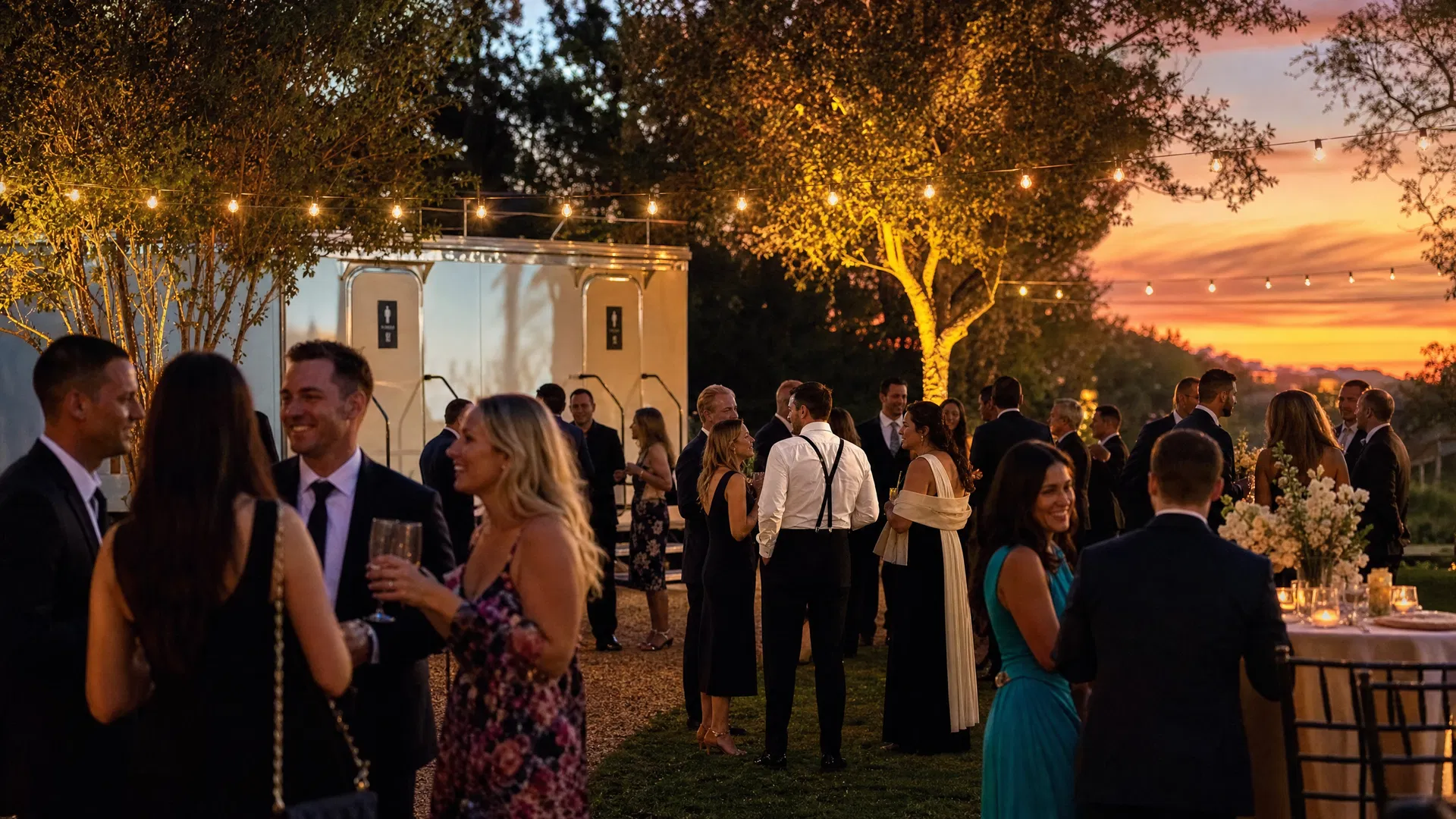 Happy guests socializing at an outdoor event with luxury portable restrooms in the background