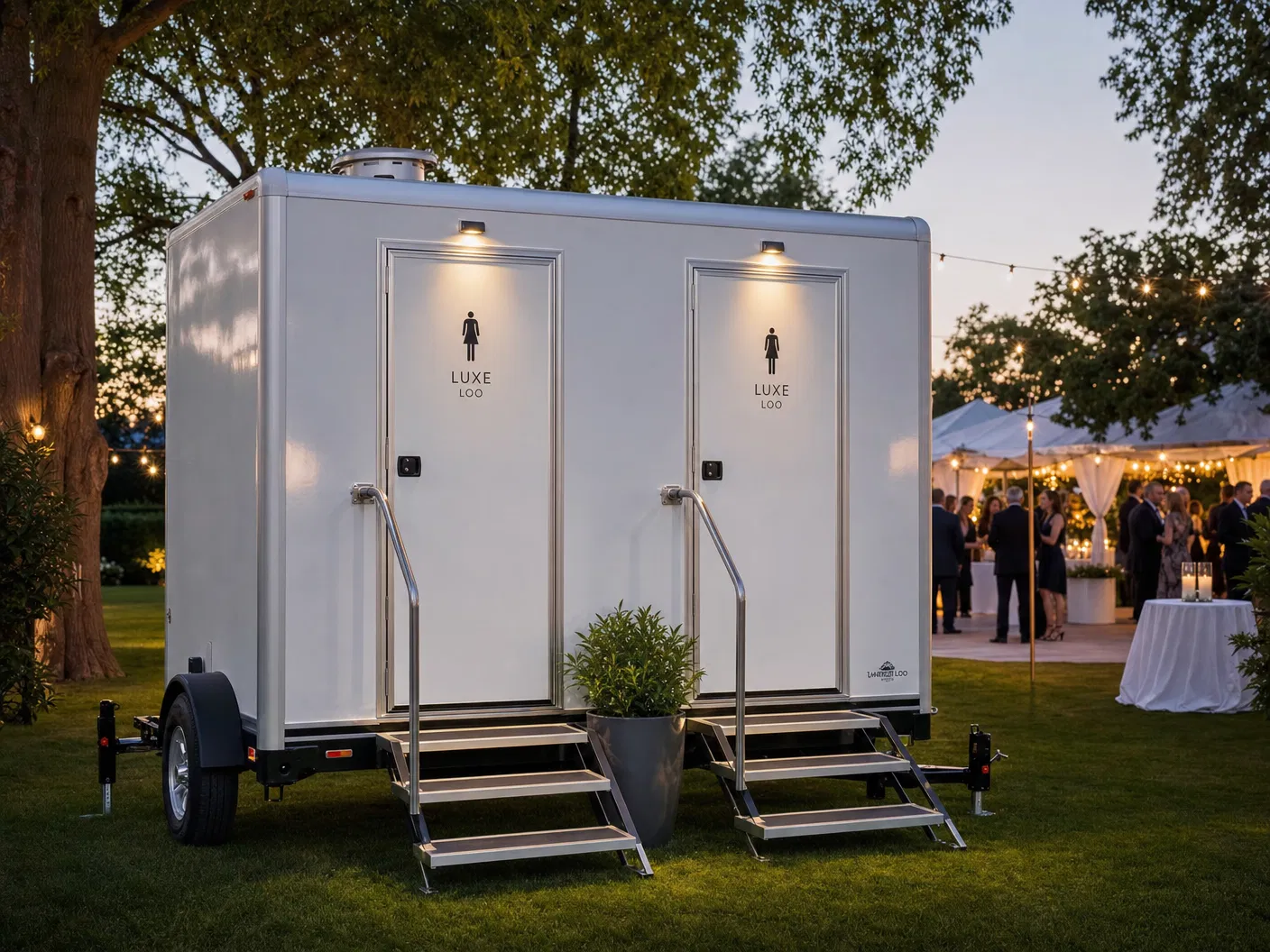 Luxury wide double-unit portable restroom trailer with two entry doors