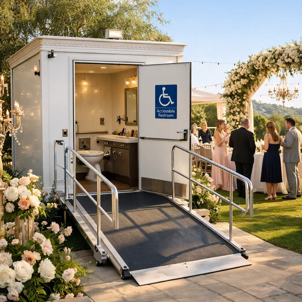ADA compliant wheelchair accessible porta potty at wedding event