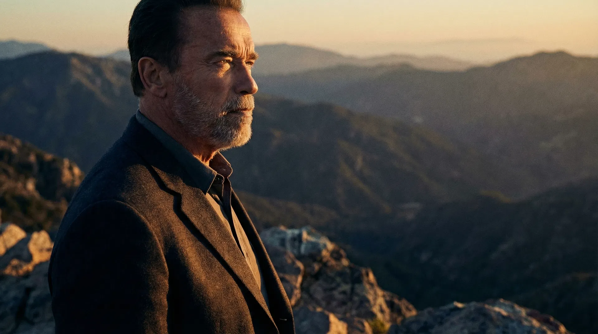 Man overlooking mountain landscape at golden hour