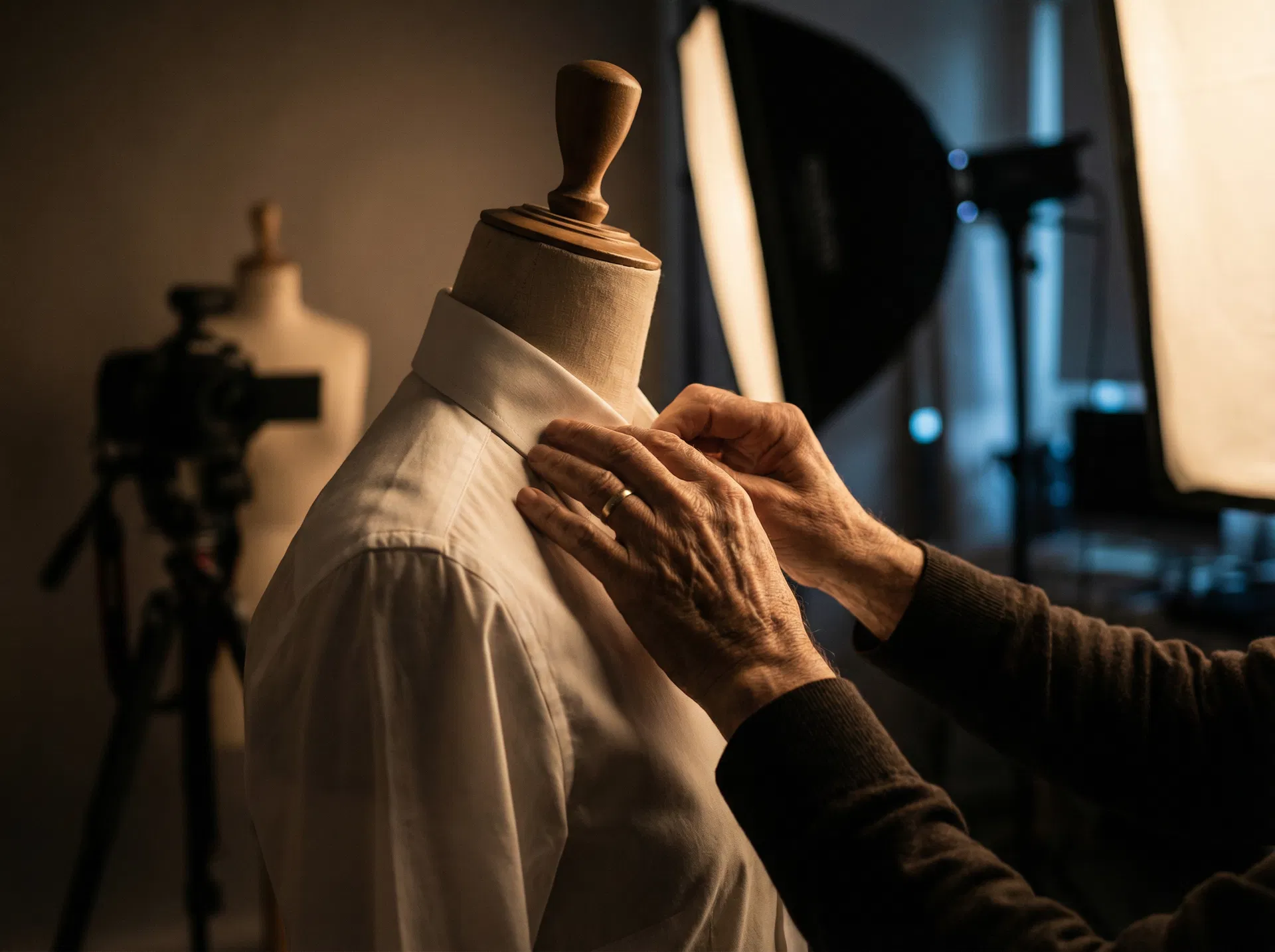 Professional adjusting garment in studio
