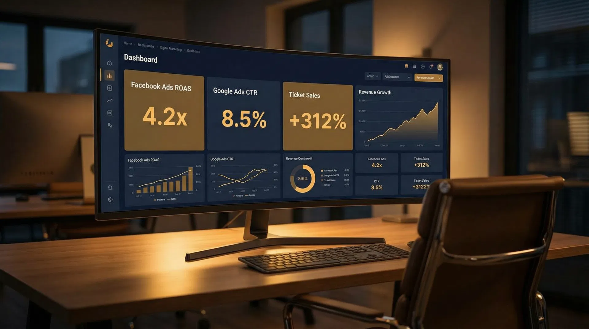 Marketing campaign results dashboard showing 4.2x ROAS and 312% ticket sales increase