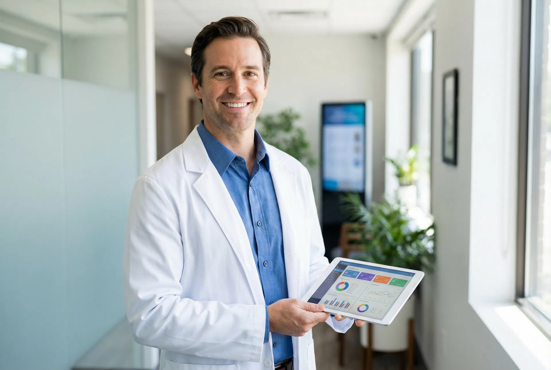 Chiropractor reviewing BlueIQ analytics dashboard on a tablet in a modern integrated practice hallway