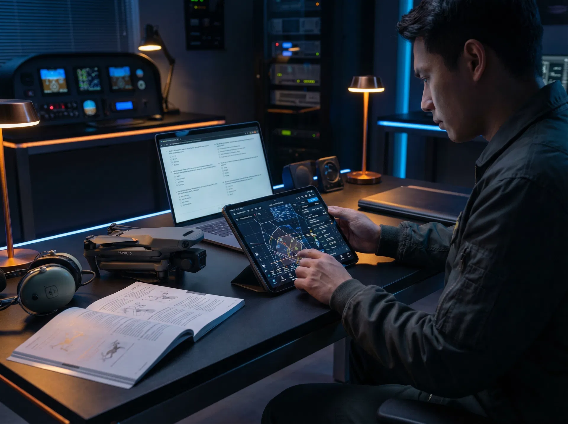 Piloto de drones estudiando para certificación UAS
