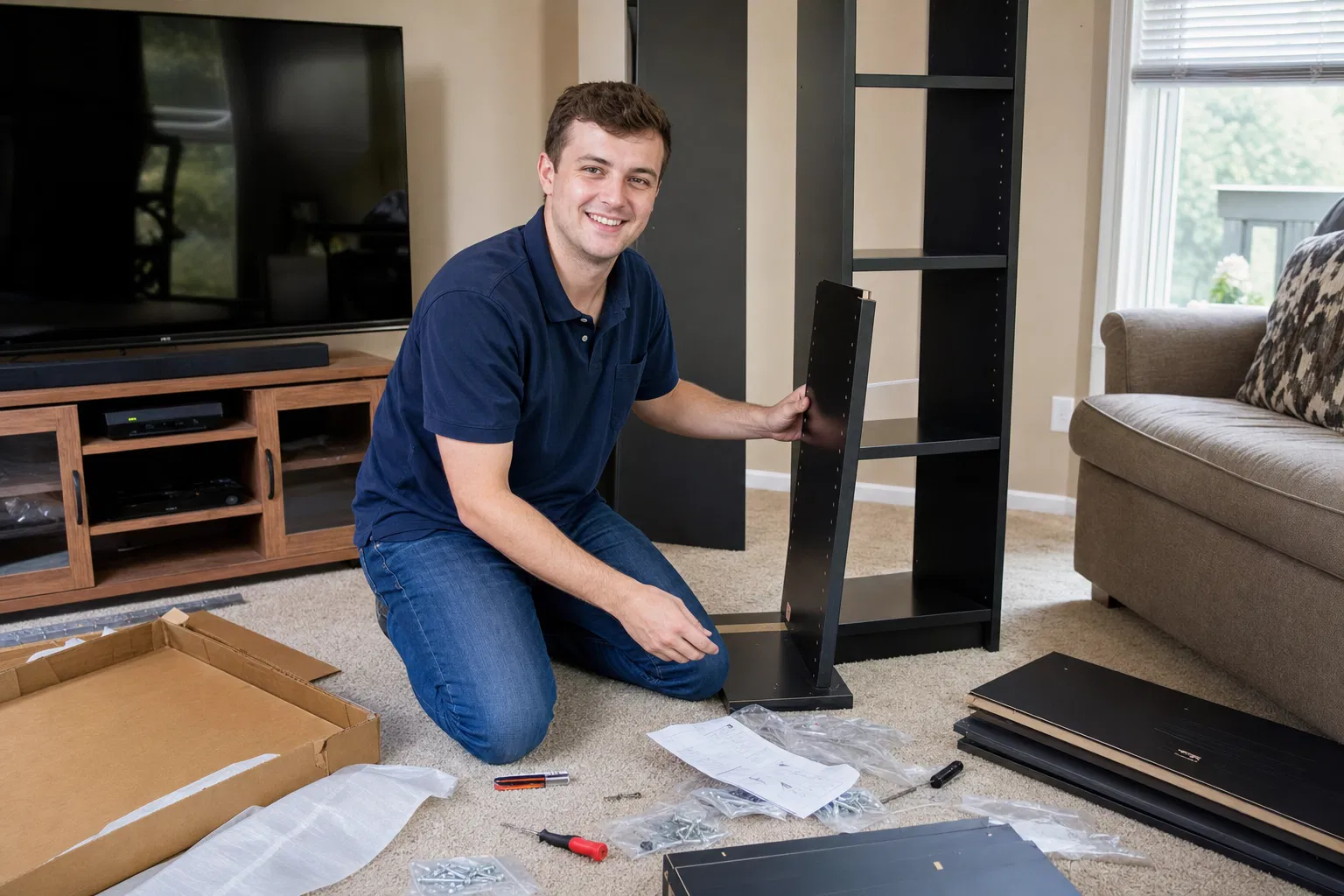 Cody assembling furniture in a real Ohio home