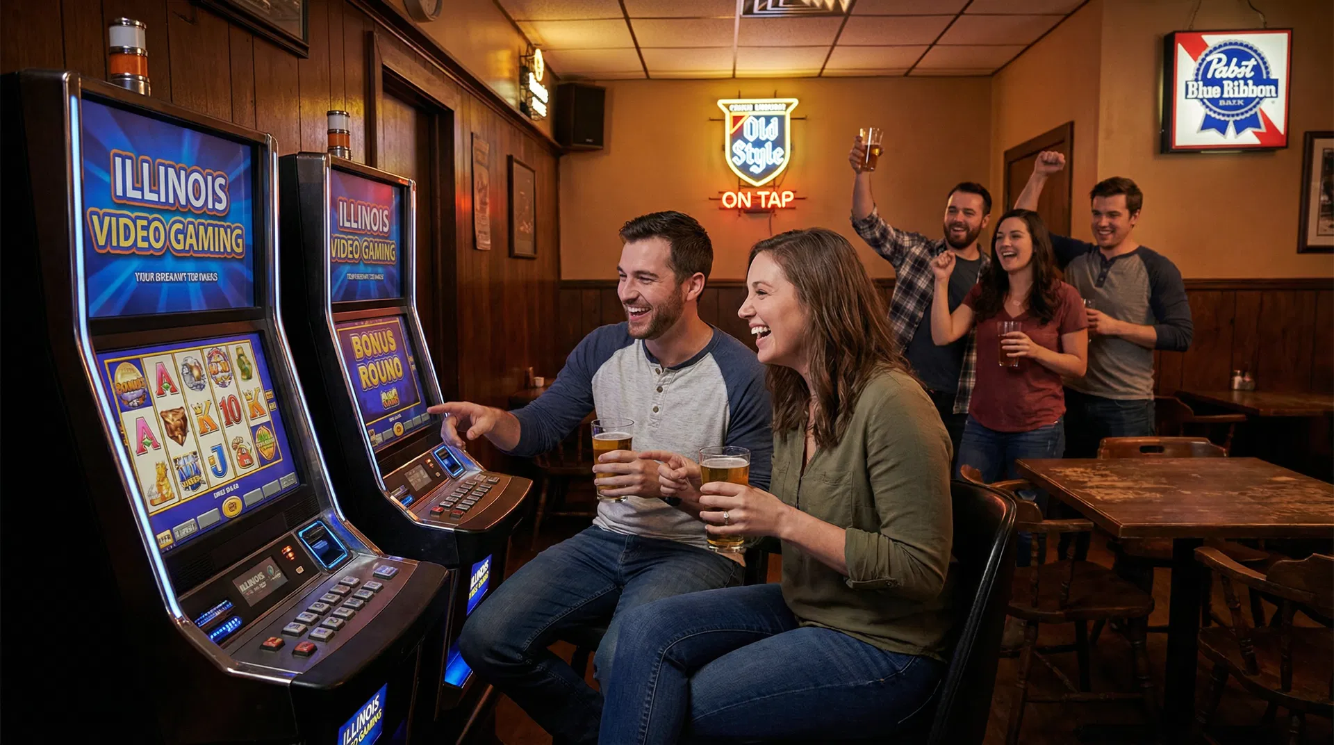 Friends celebrating at video gaming machines
