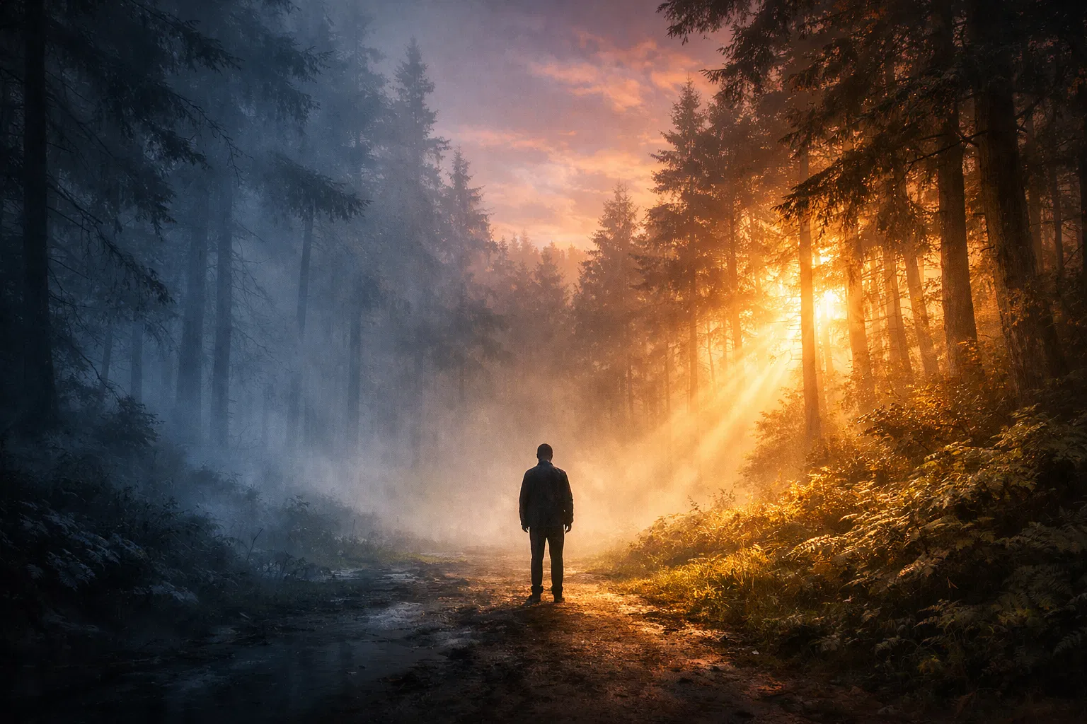 A figure standing at the threshold between shadow and golden light