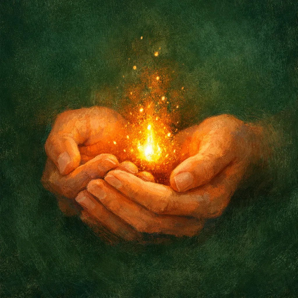 Hands cupping a glowing ember — self-compassion