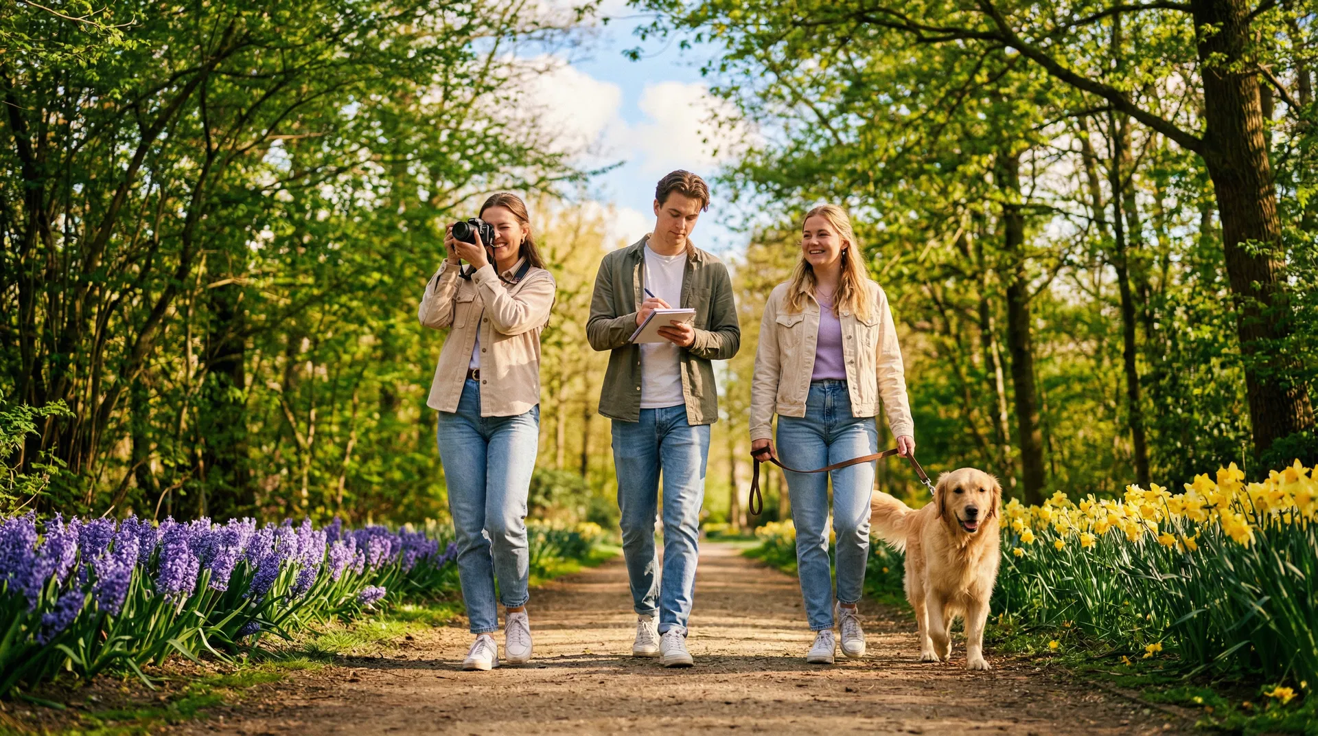 Three Heritage Watch ambassadors walking through a lush spring forest — one photographing, one taking notes, one walking a golden retriever — with hyacinth and daffodils lining the path