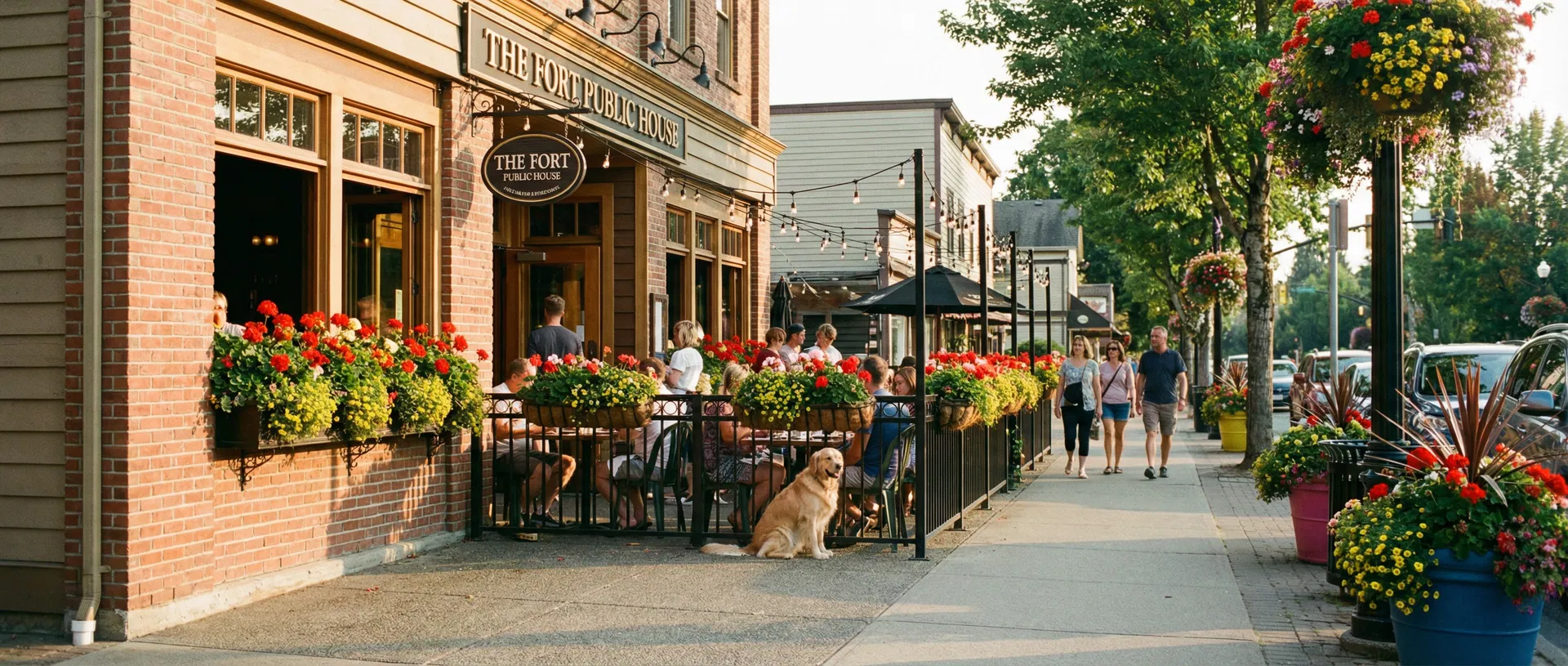 Fort Langley downtown main street in summer — a heritage bistro patio with flowers, people dining, and a golden retriever on a warm amber afternoon