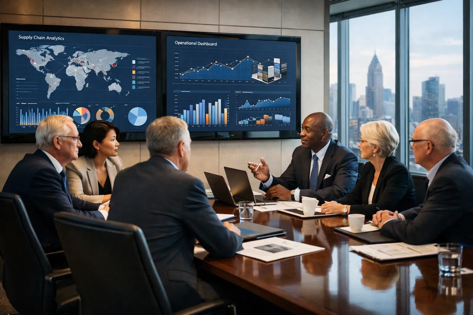 Executive strategy meeting with enterprise analytics