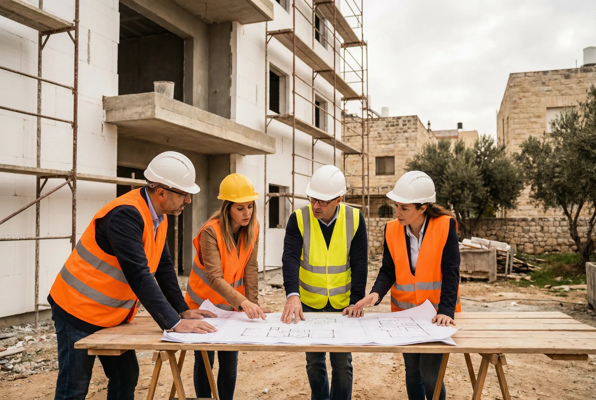Equipo profesional de Satecom revisando planos en obra