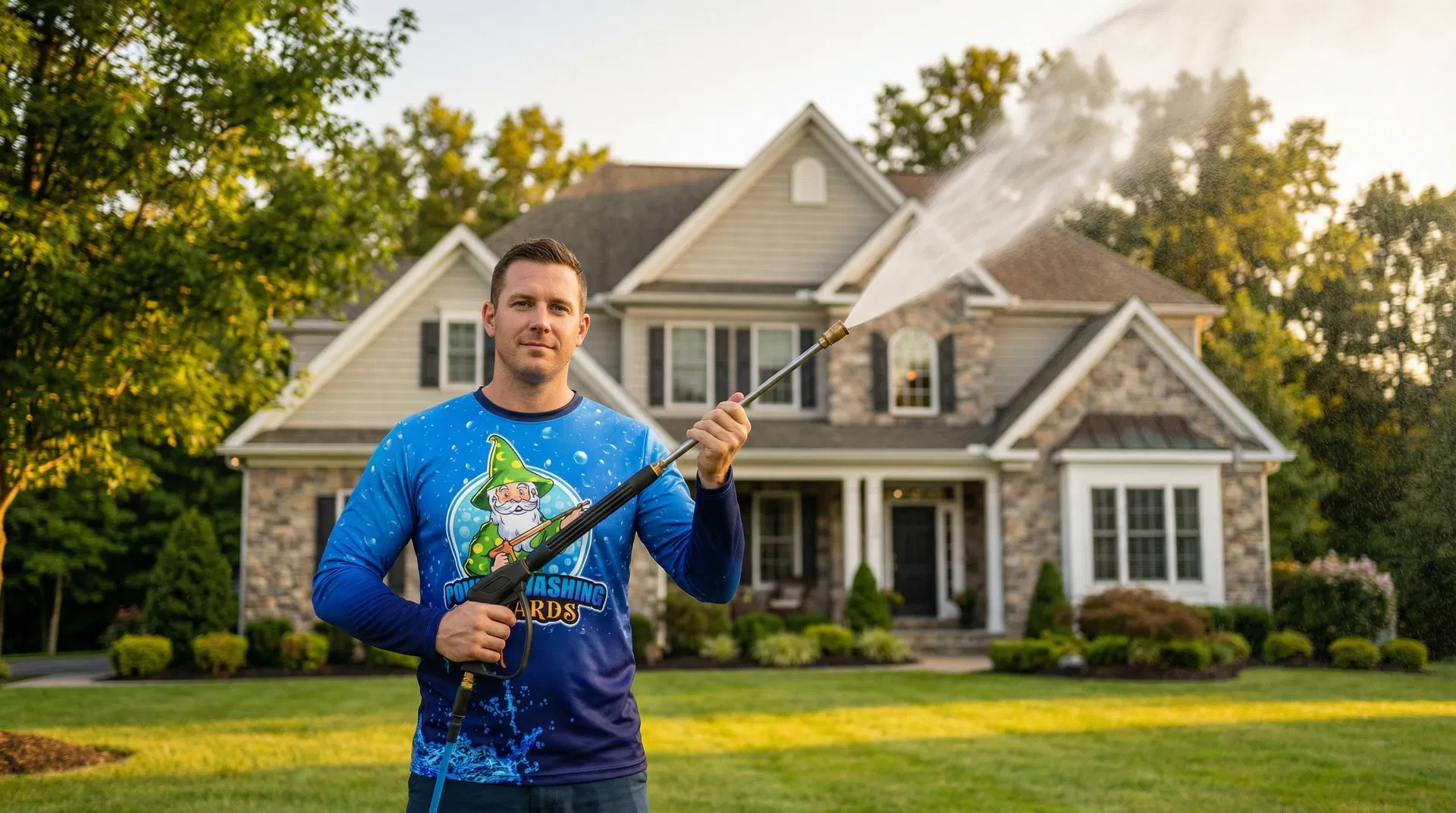 Power Washing Wizards technician cleaning a home in Doylestown PA