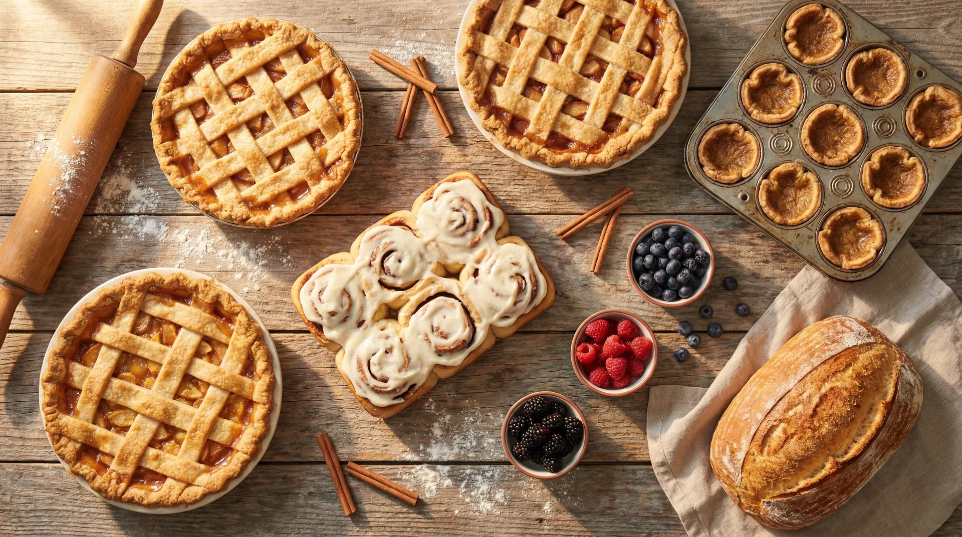 Freshly baked pies, cinnamon rolls, butter tarts, and bread on a rustic wooden table