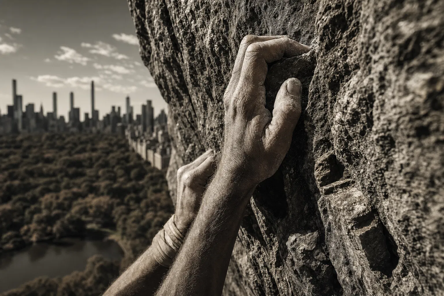 Hands gripping Manhattan schist rock face with NYC skyline