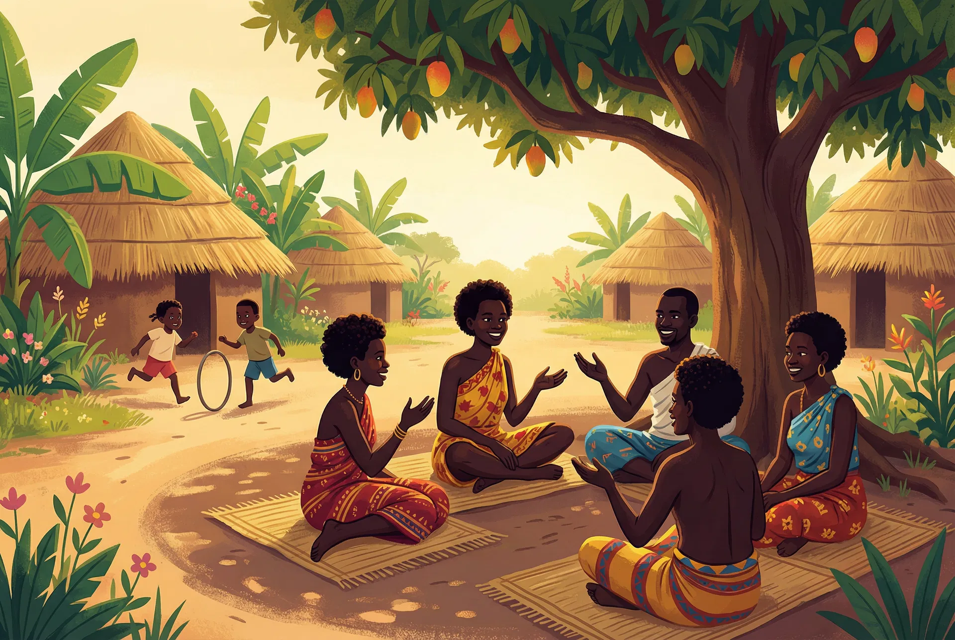 South Sudanese community members gathered under a mango tree sharing stories