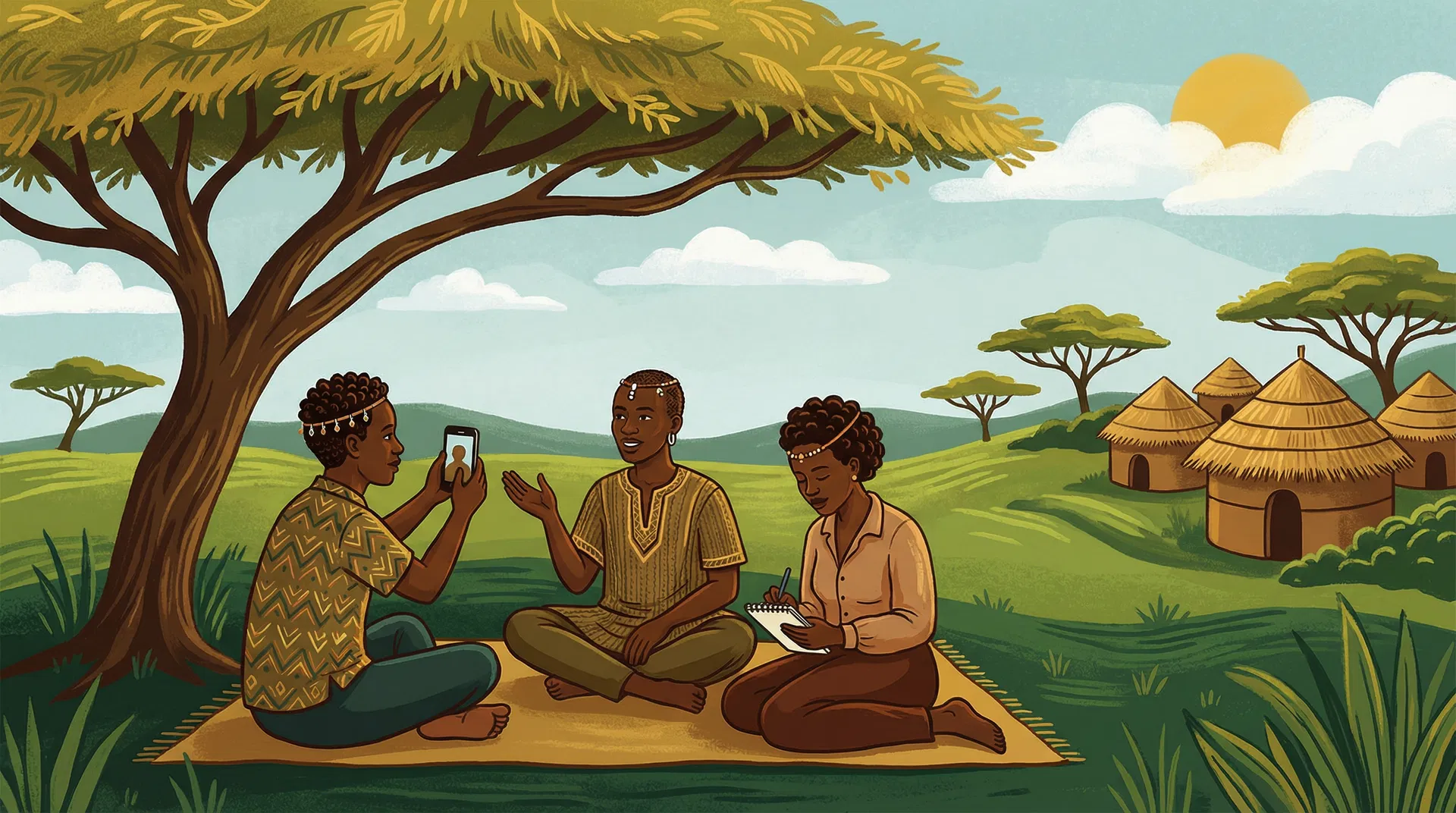 South Sudanese community members documenting stories under an acacia tree in a green savanna village