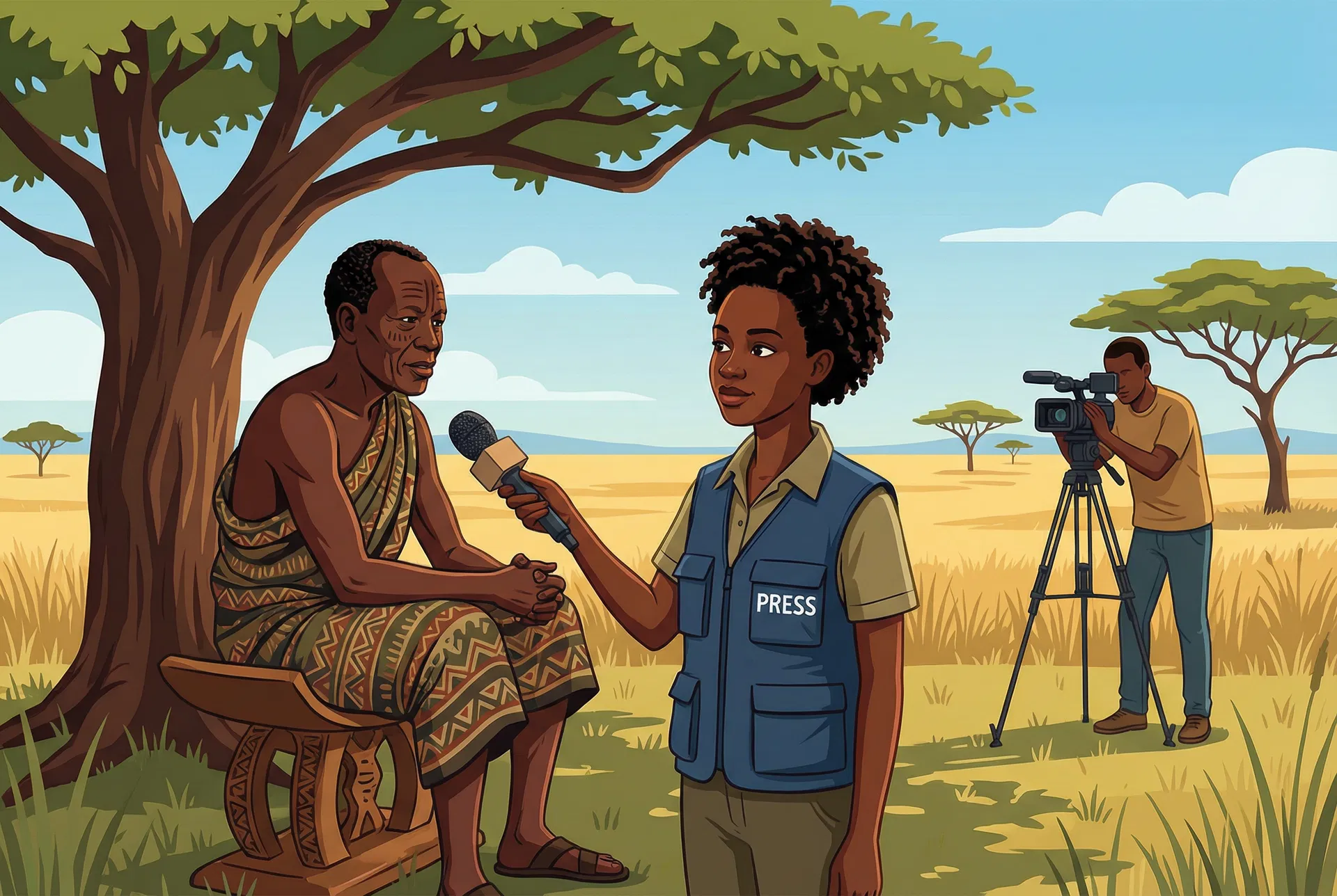 A South Sudanese journalist interviewing a community elder under a tree in the savanna