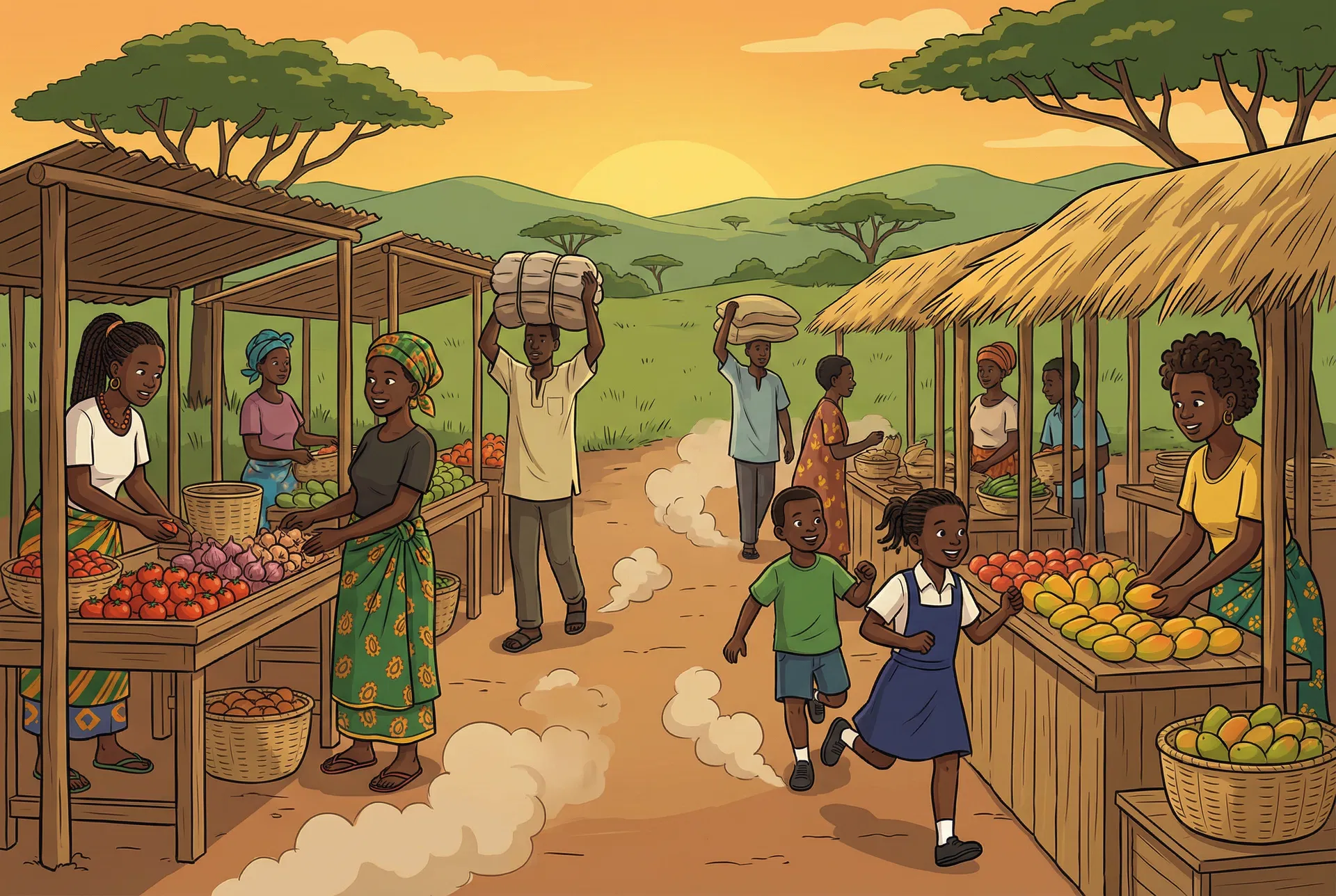 A lively South Sudanese market scene with community members engaged in daily activities