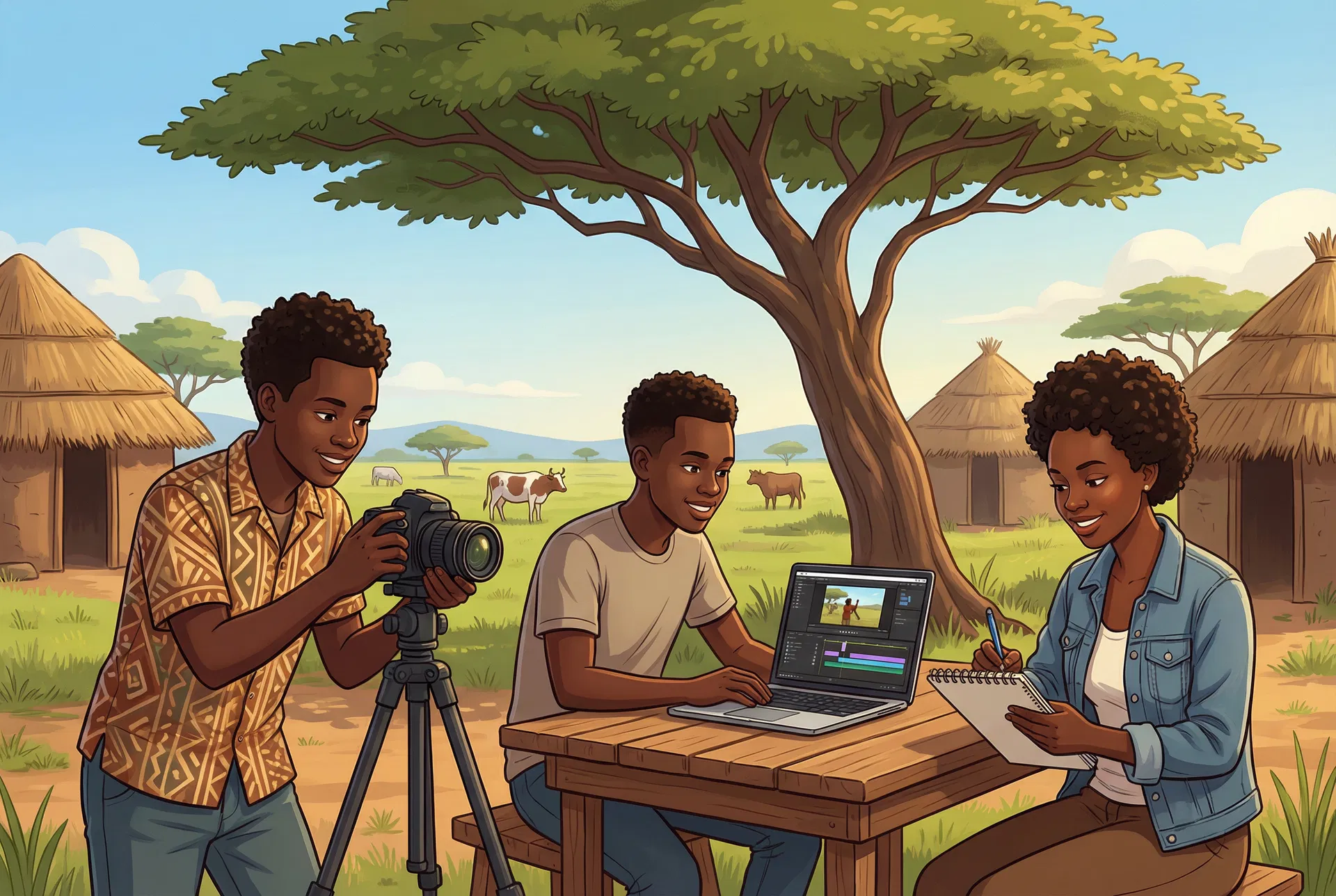 Young South Sudanese media professionals collaborating on content production