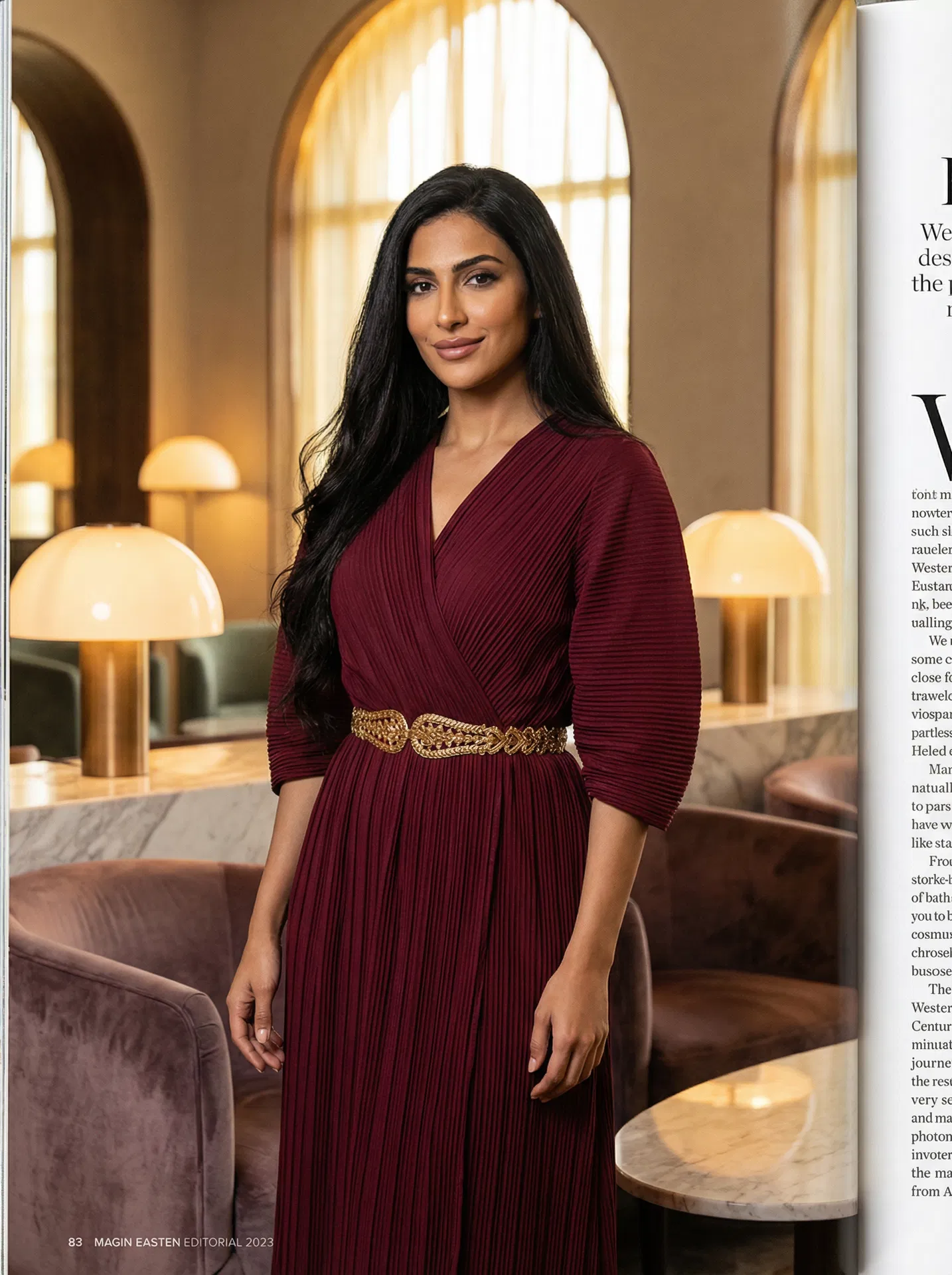 Middle Eastern woman in burgundy wrap dress