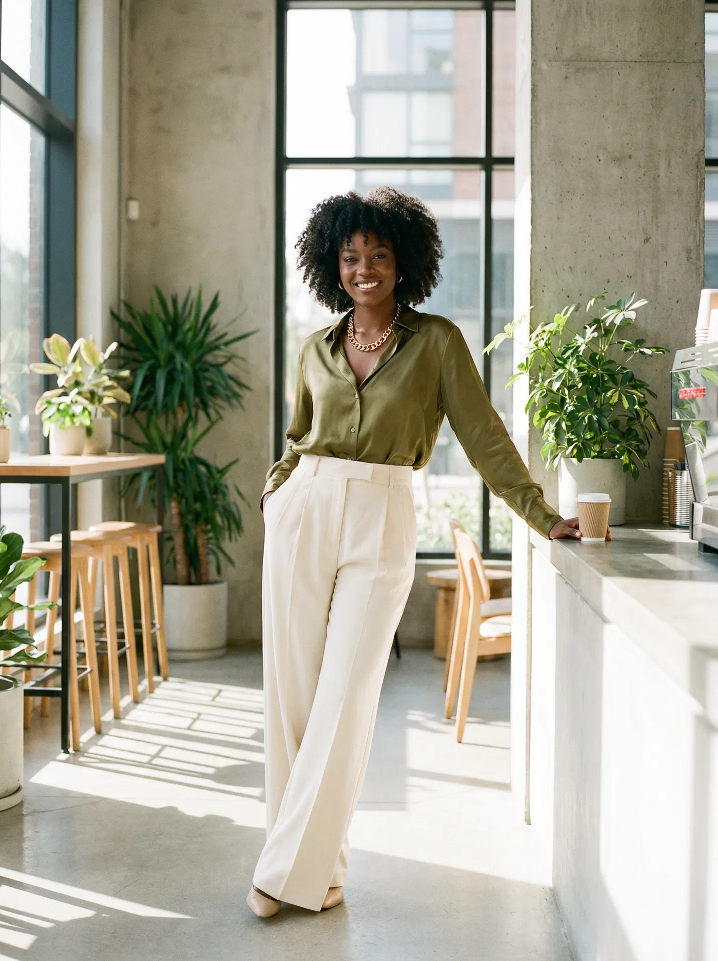 Olive Silk Blouse & Cream Set
