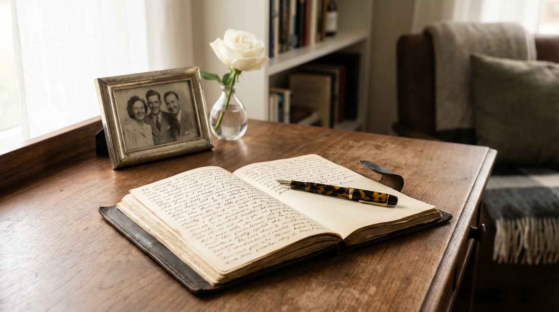 A writing desk with an open journal, fountain pen, and family photograph