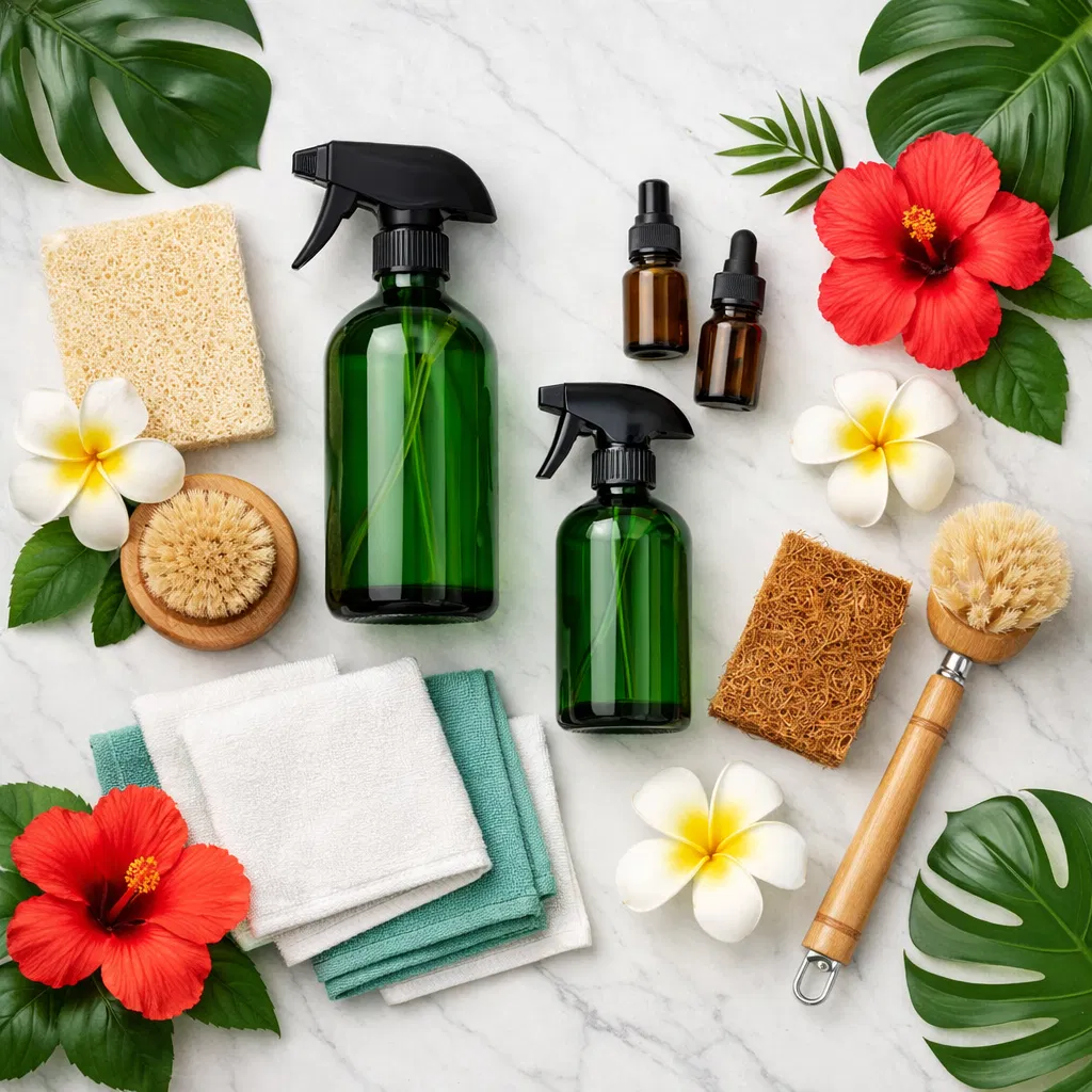 Eco-friendly natural cleaning products with Hawaiian flowers