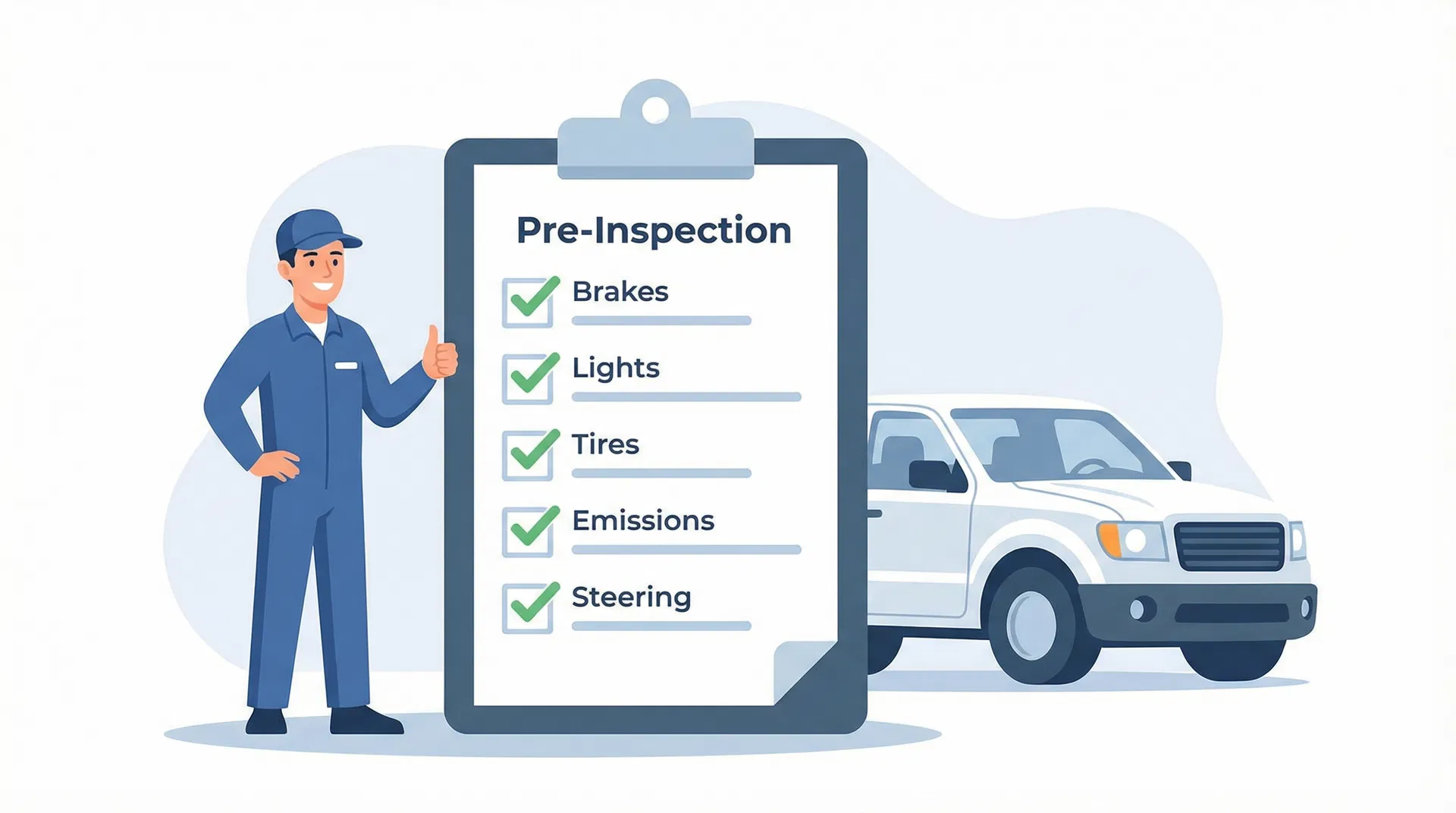 Mechanic with pre-inspection checklist and truck