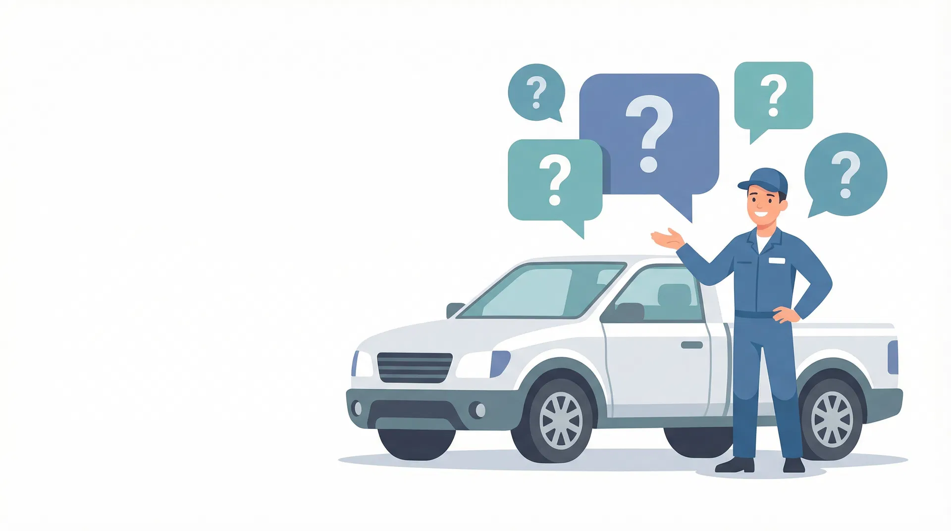 Mechanic with FAQ speech bubbles and truck