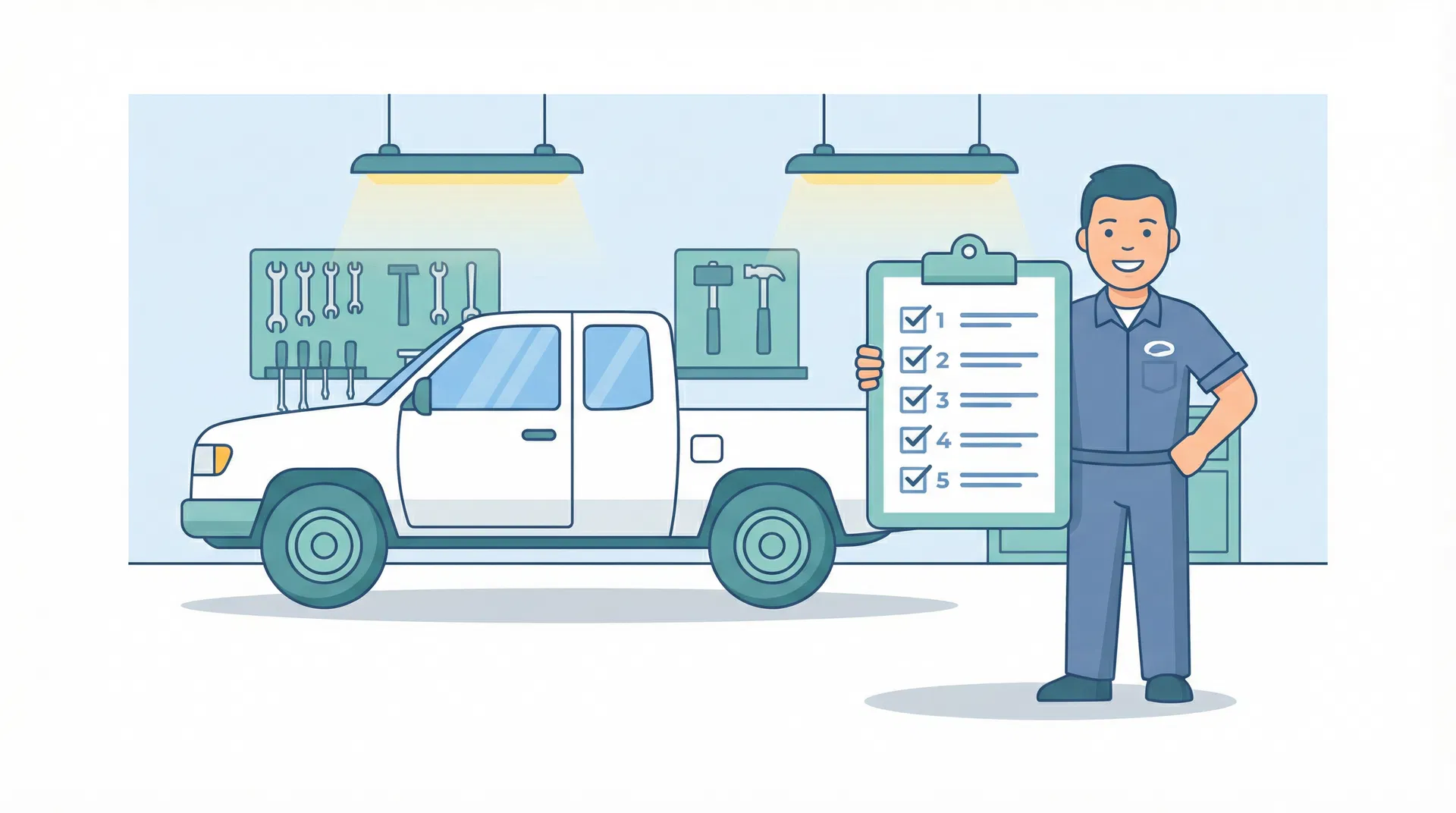 Mechanic with clipboard and truck in garage
