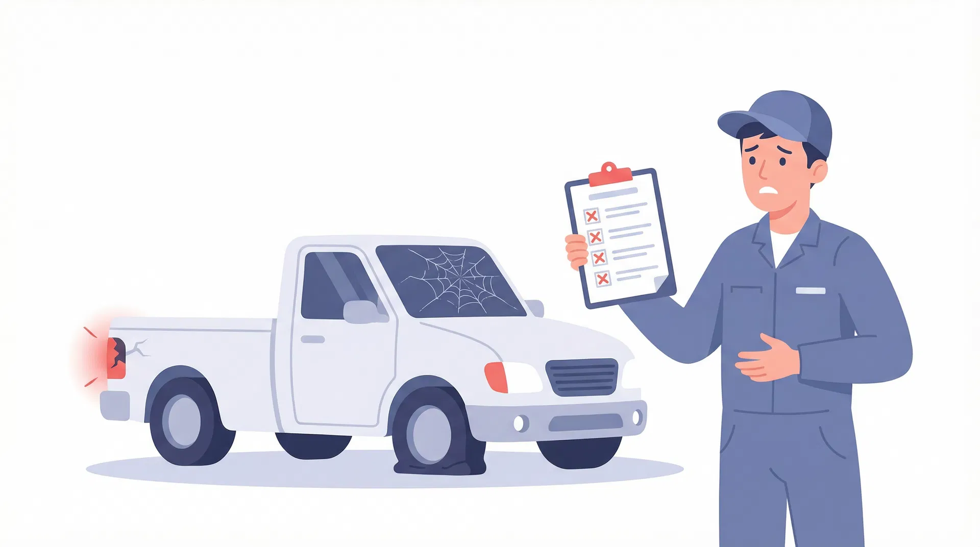 Mechanic reviewing clipboard with failed inspection items