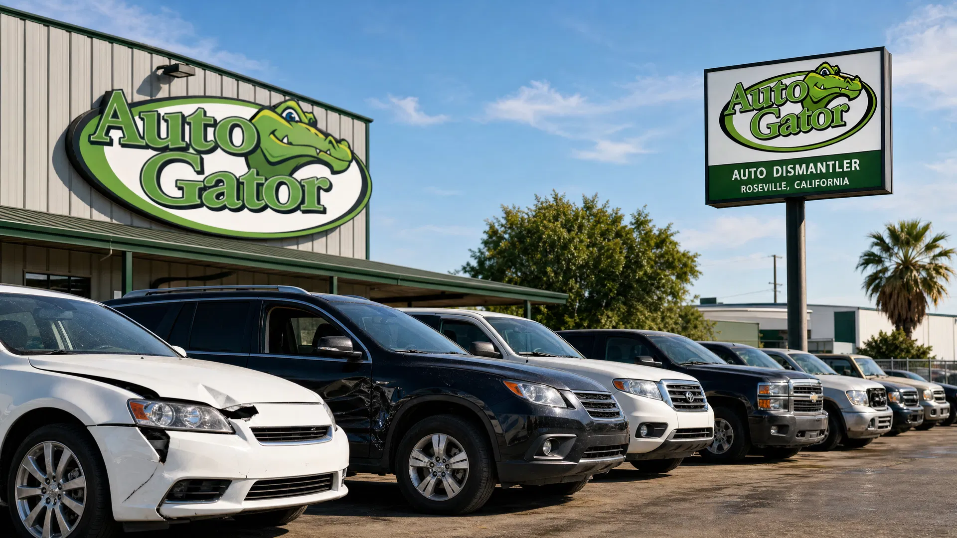 Row of repairable vehicles at Auto Gator's Roseville, CA facility