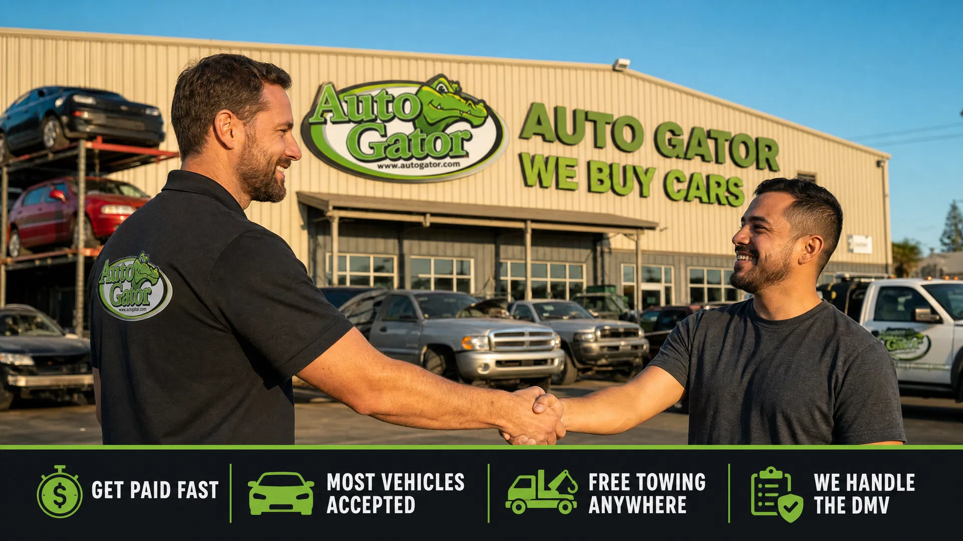 Auto Gator employee shaking hands with a car seller in front of our Roseville facility