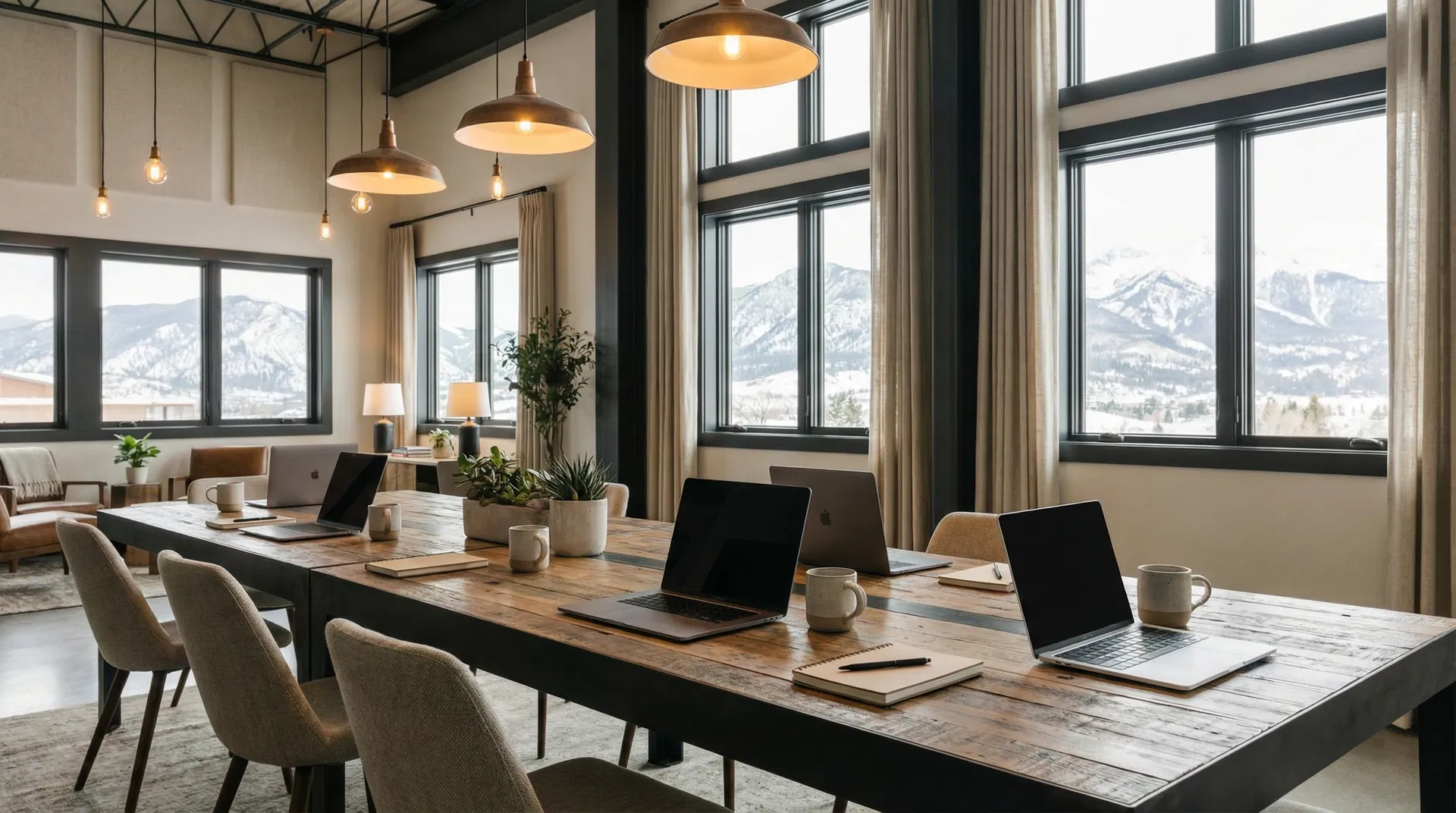 Professional workshop setting with mountain views