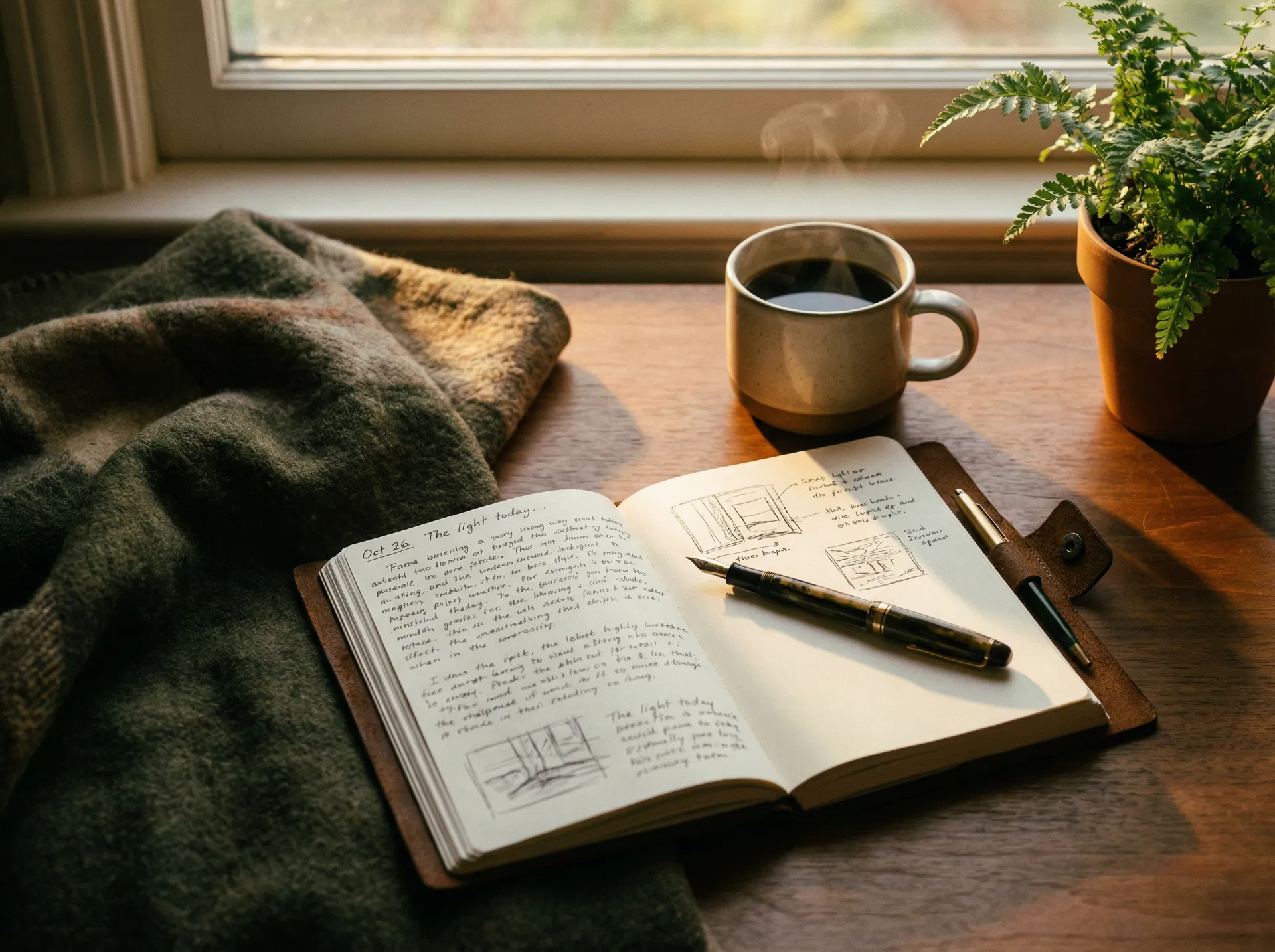 Journal and coffee on a wooden desk in warm morning light