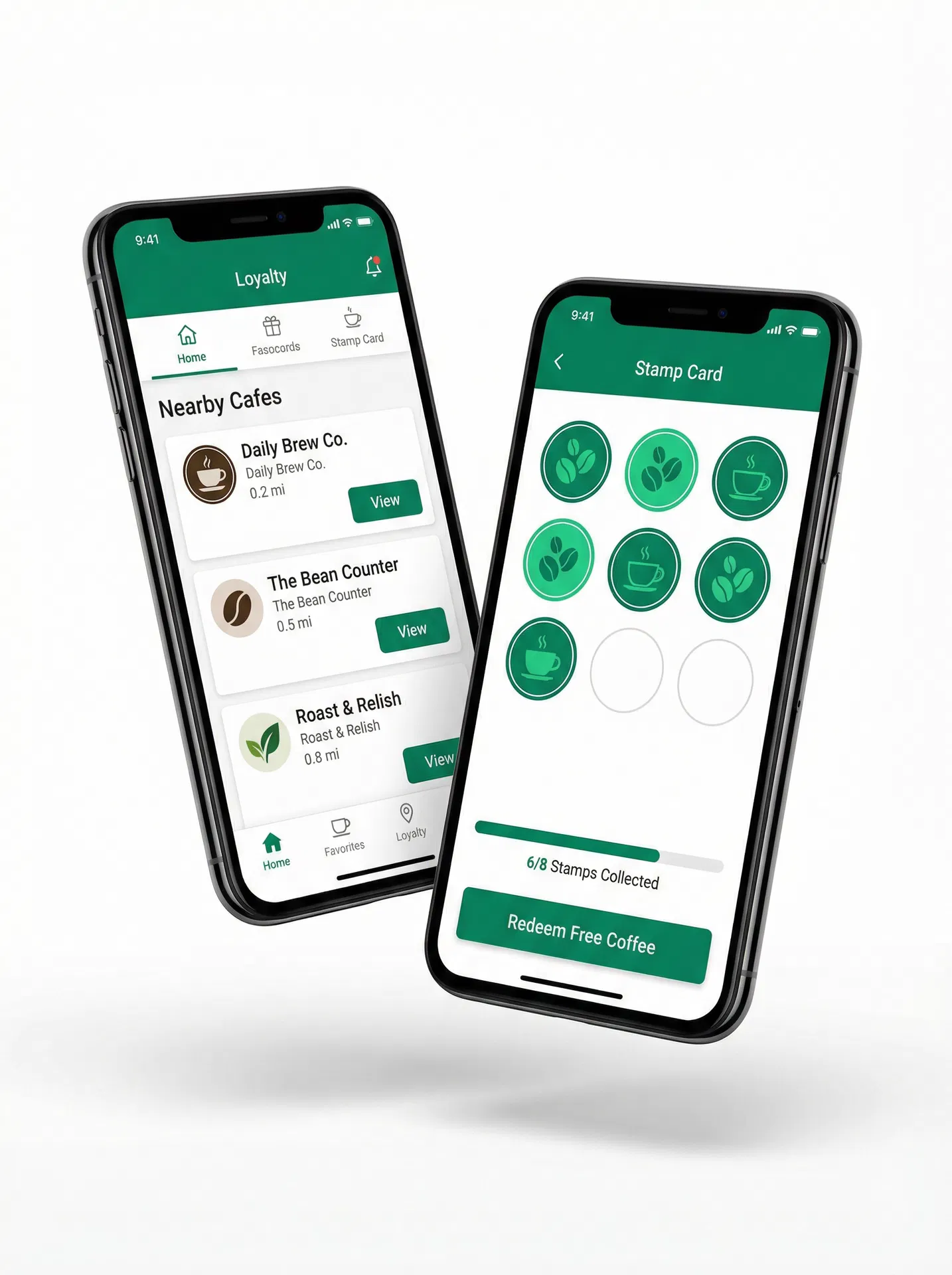 Noqta app showing nearby cafes and stamp card