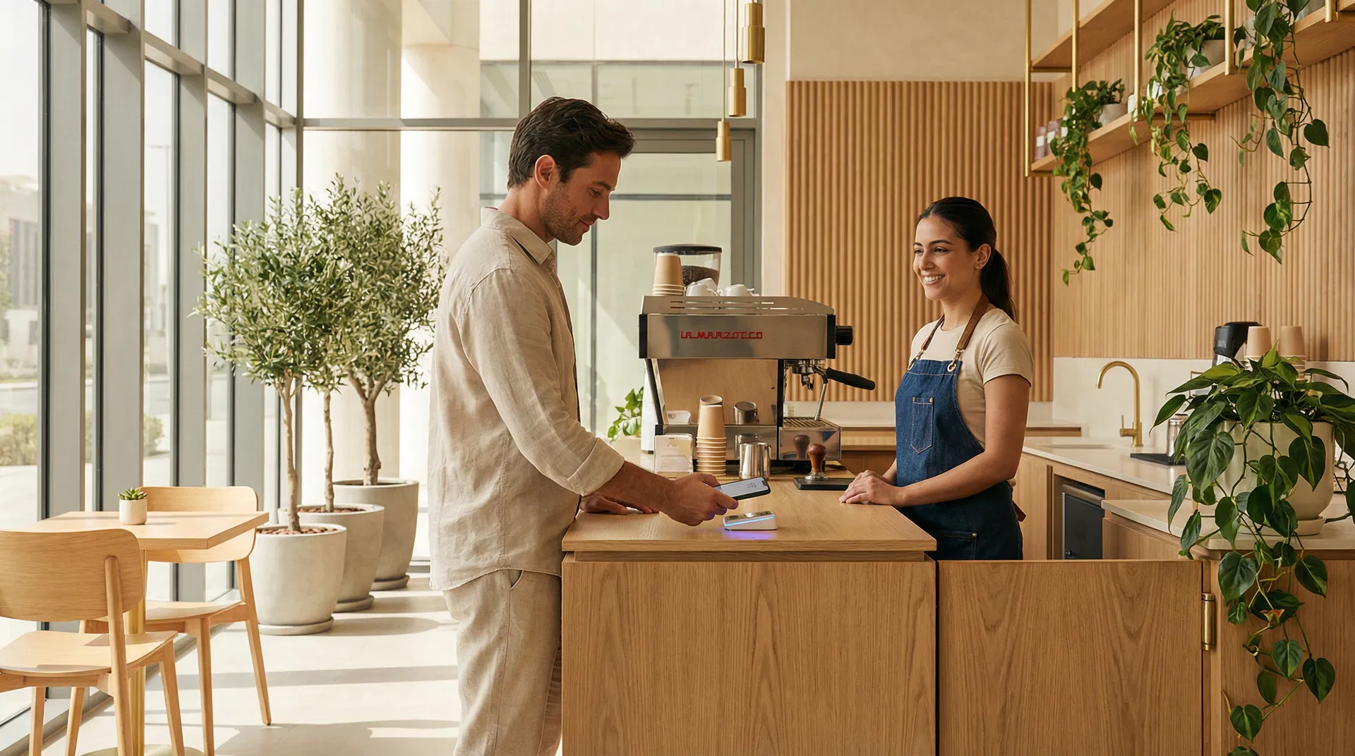 Customer tapping phone on Noqta NFC device at a Dubai cafe