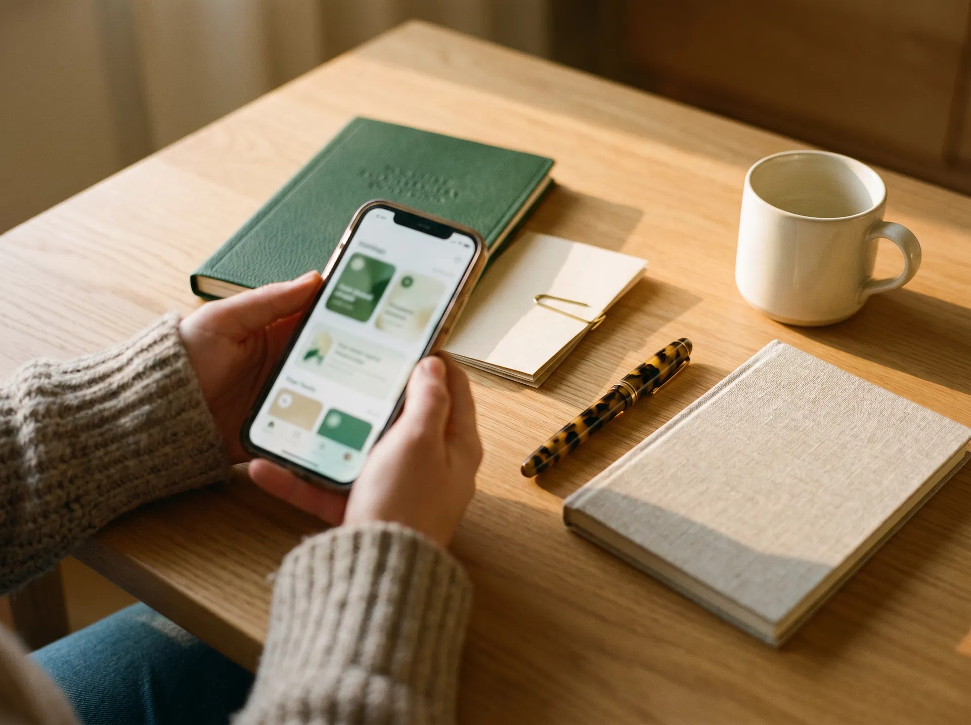 Hands holding a phone showing a partner portal beside a green welcome book