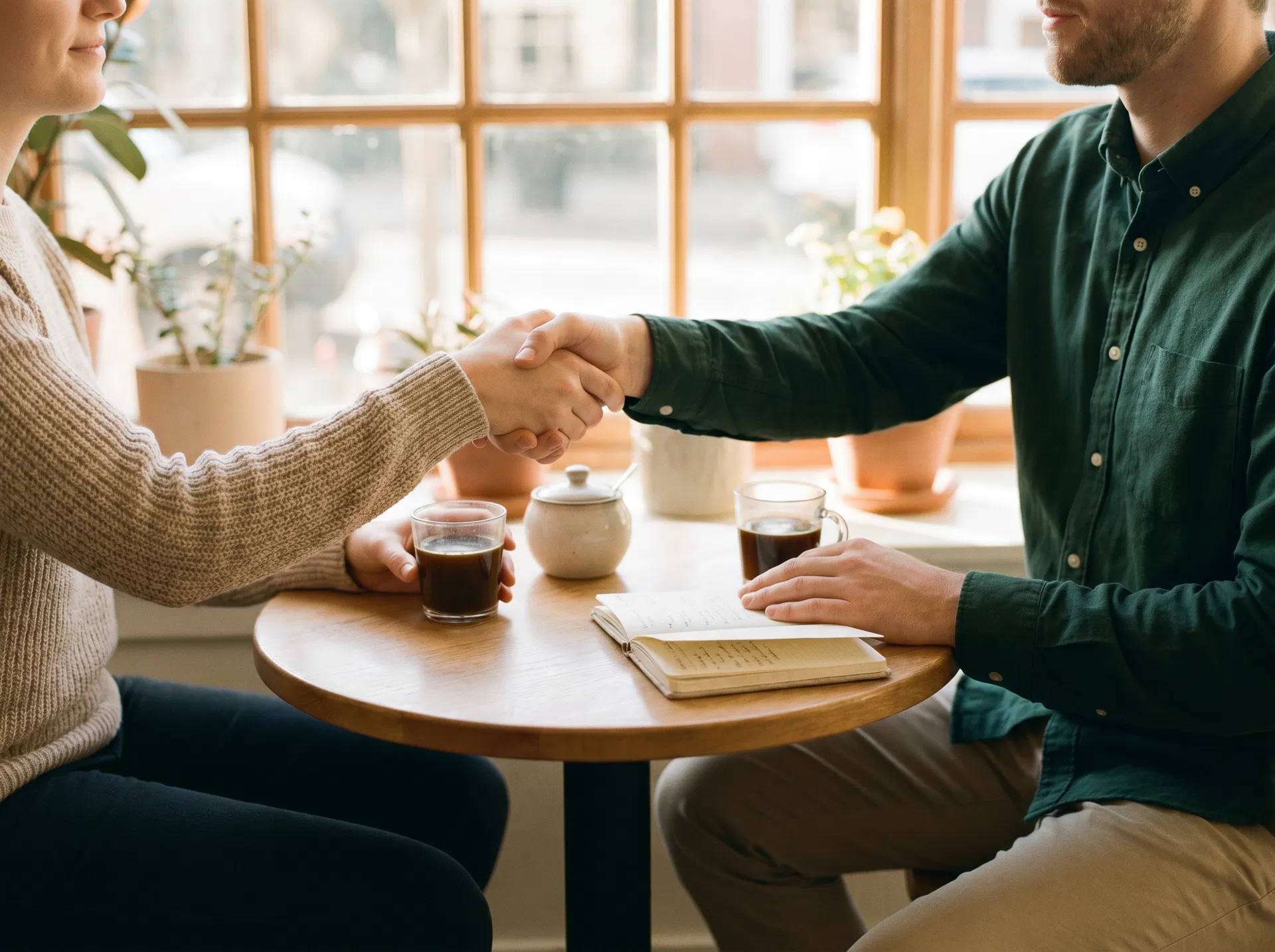 Two people shaking hands at a small cafe table