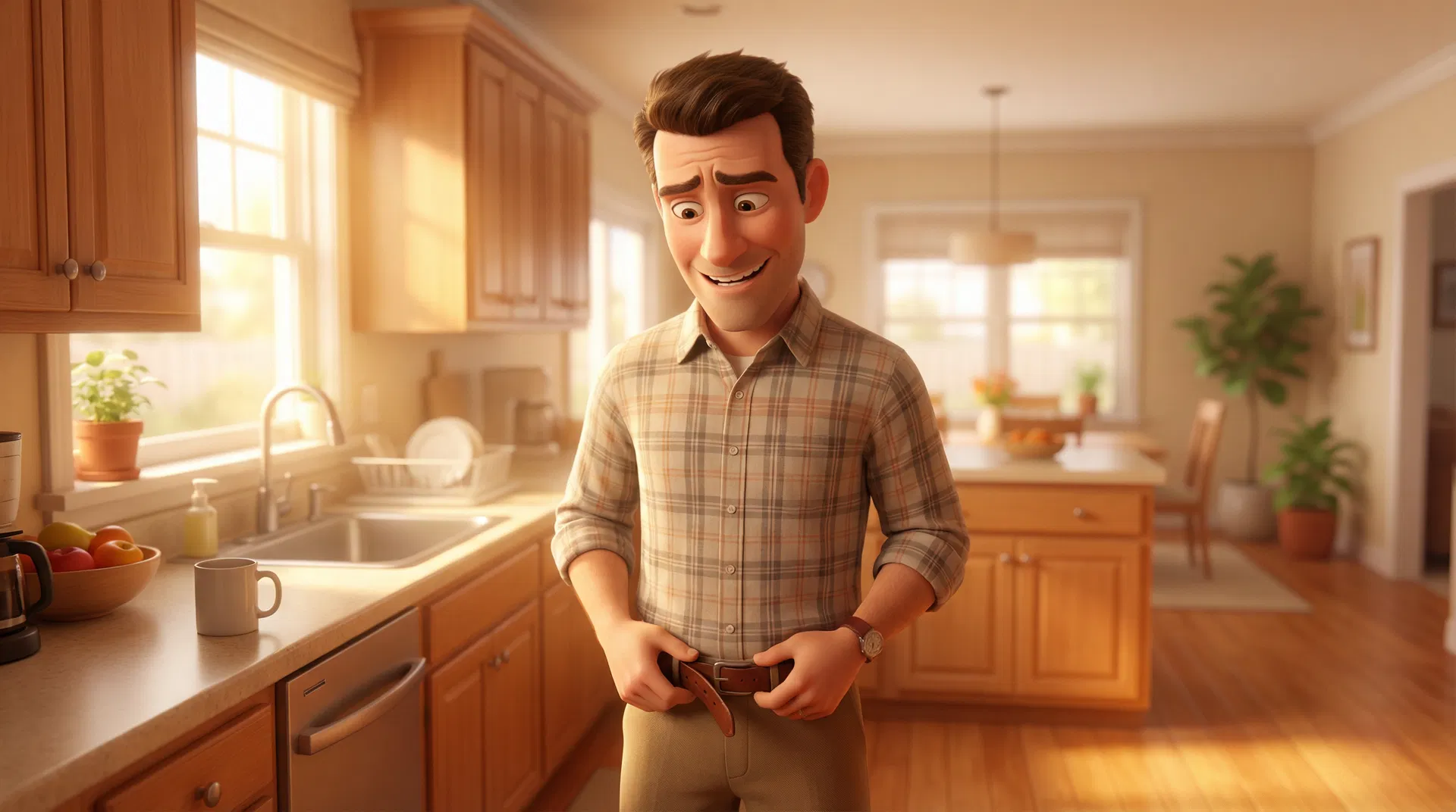 Man noticing his belt fitting looser