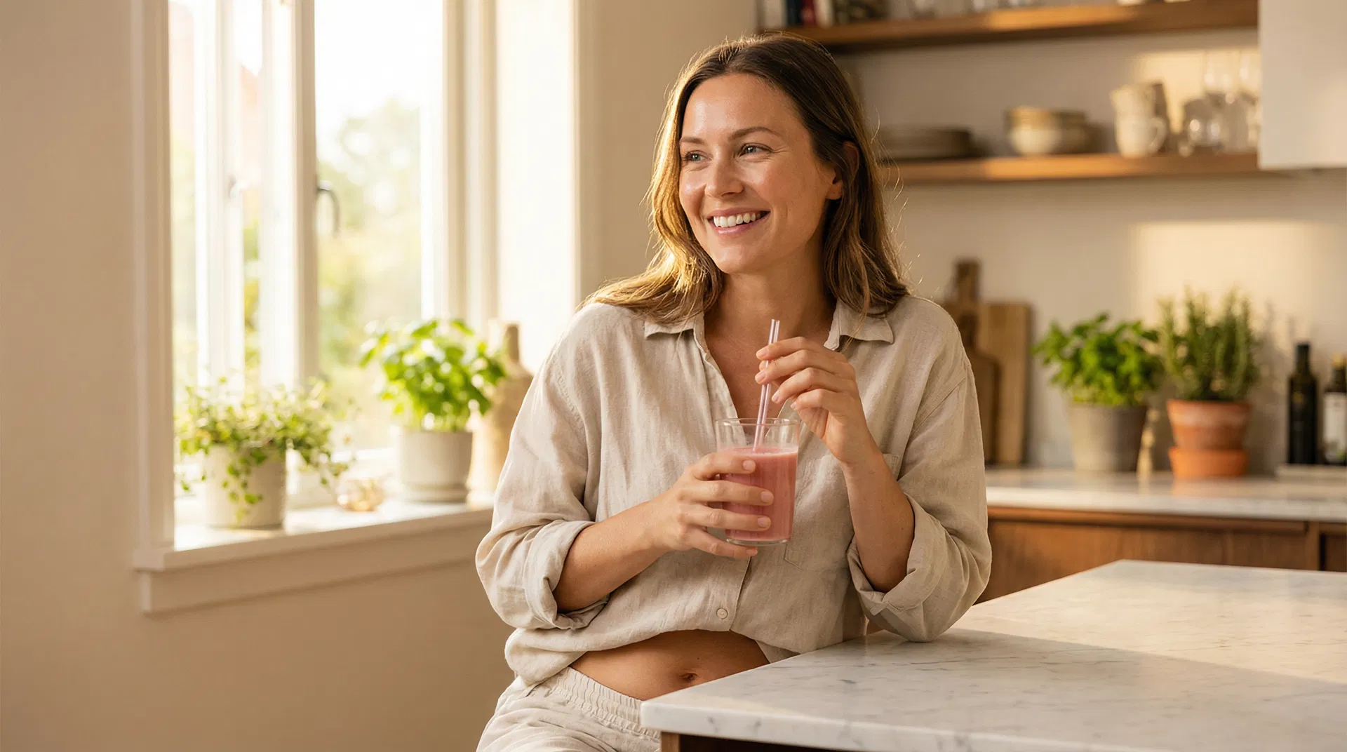Woman feeling energised and confident in her kitchen