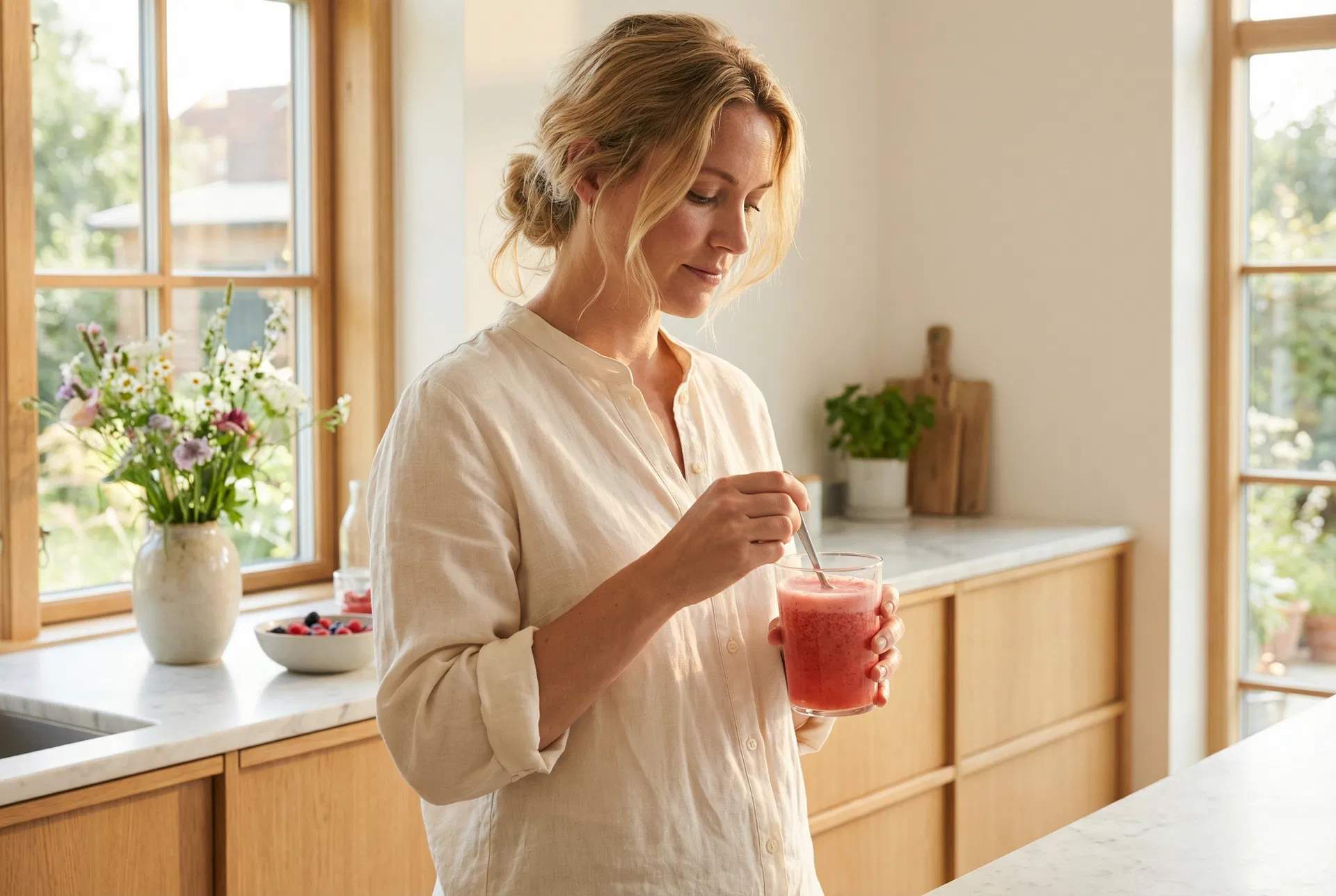 Woman stirring BodyGlow pink drink in modern kitchen