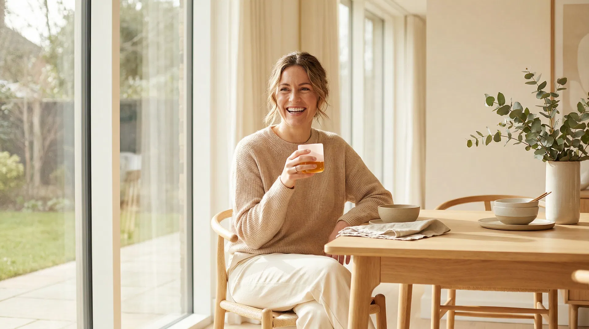 Woman looking confident and relaxed at home with a pink drink