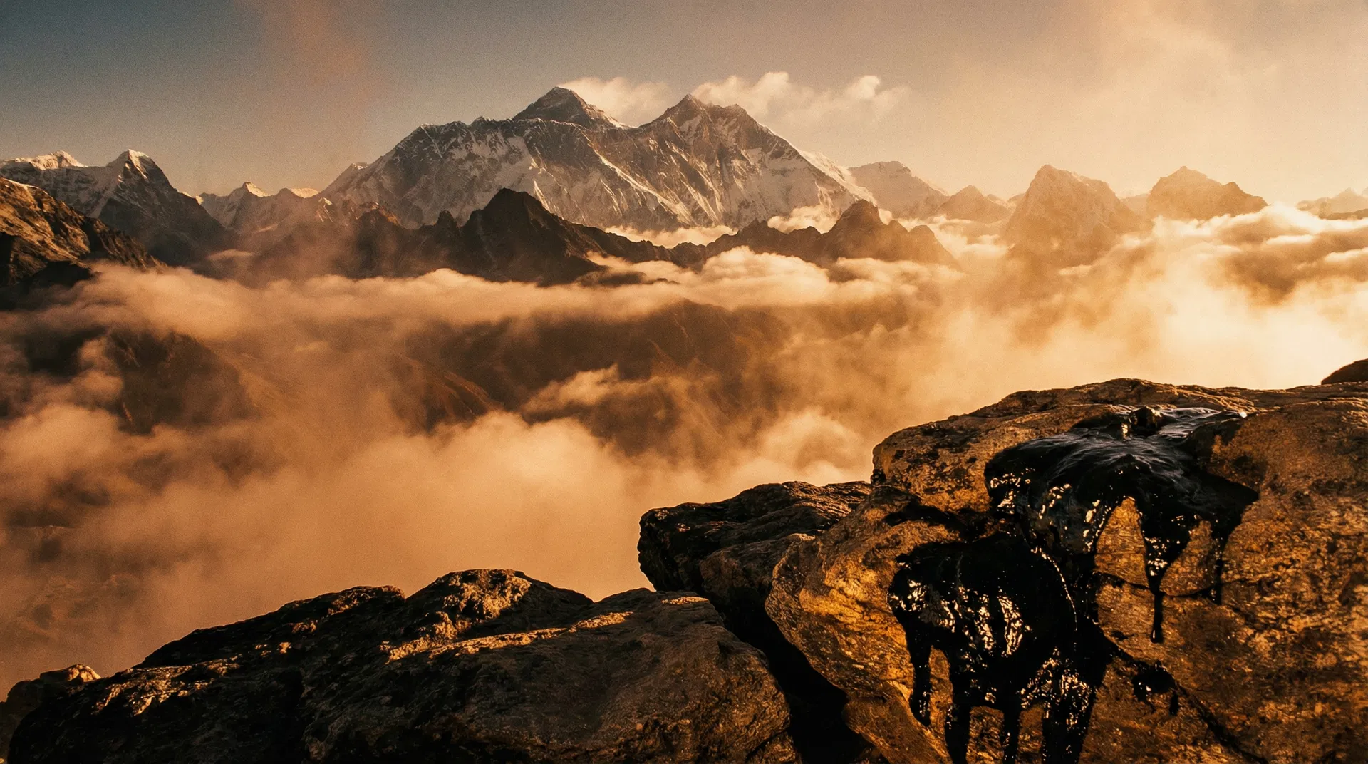 Himalayan mountains at golden hour with Shilajit resin seeping from rocks