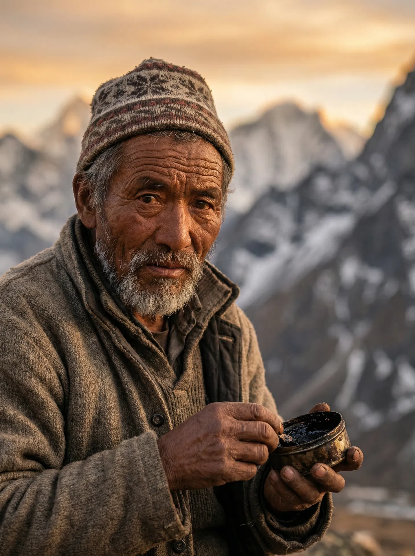 Himalayan Sherpa holding Shilajit resin
